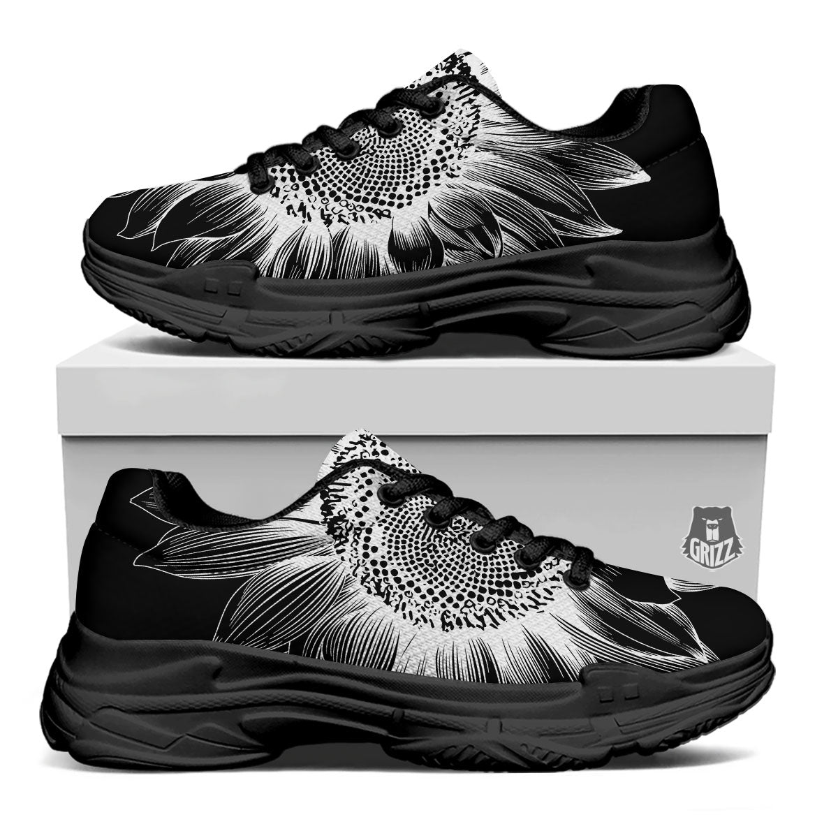 Vintage Sunflower White And Black Print Black Chunky Shoes-grizzshop