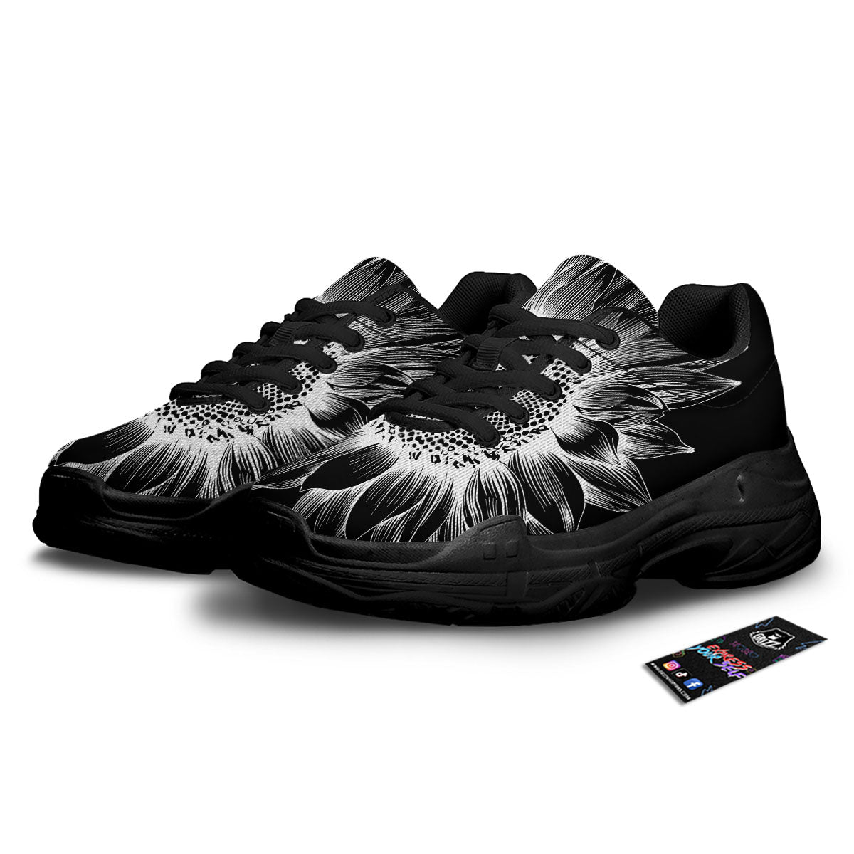 Vintage Sunflower White And Black Print Black Chunky Shoes-grizzshop