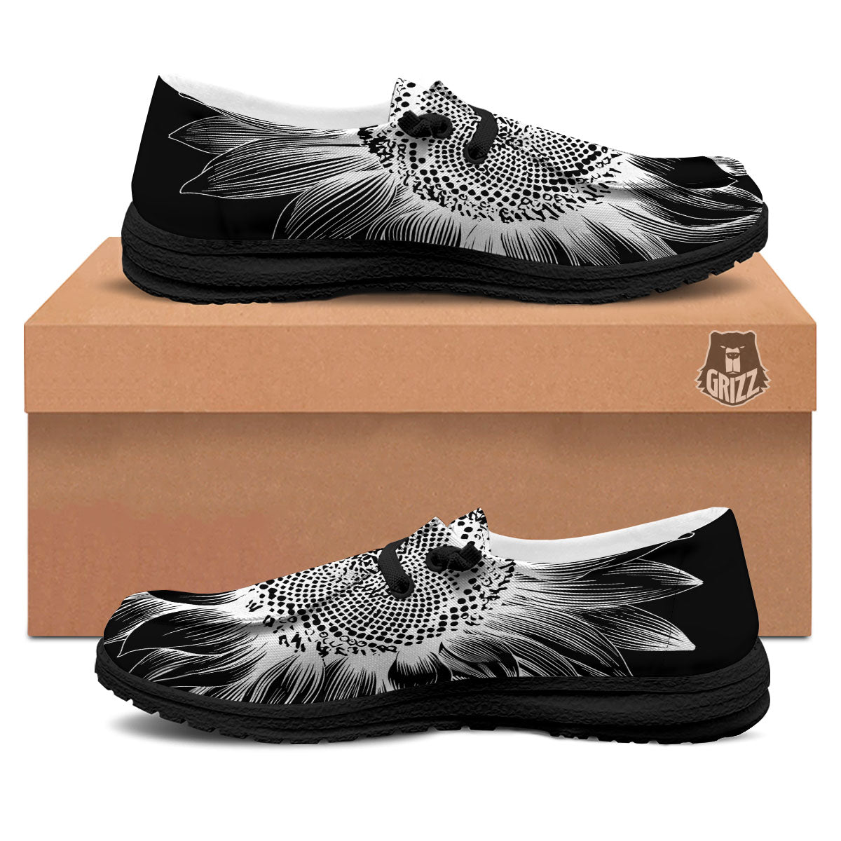 Vintage Sunflower White And Black Print Black Loafers-grizzshop