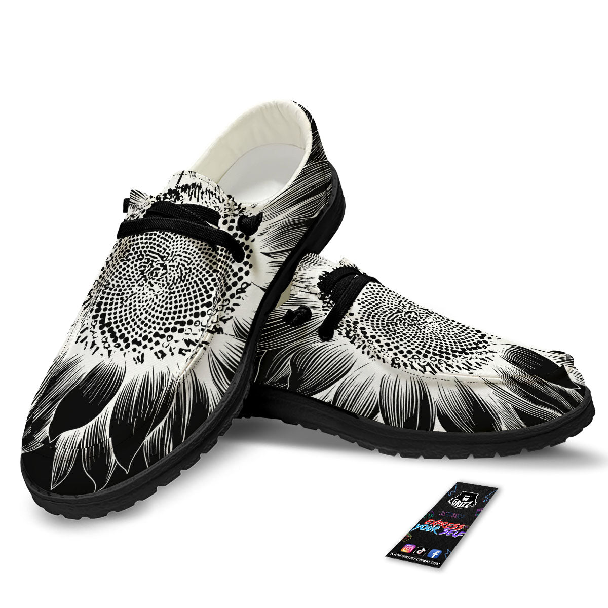 Vintage Sunflower White And Black Print Black Loafers-grizzshop