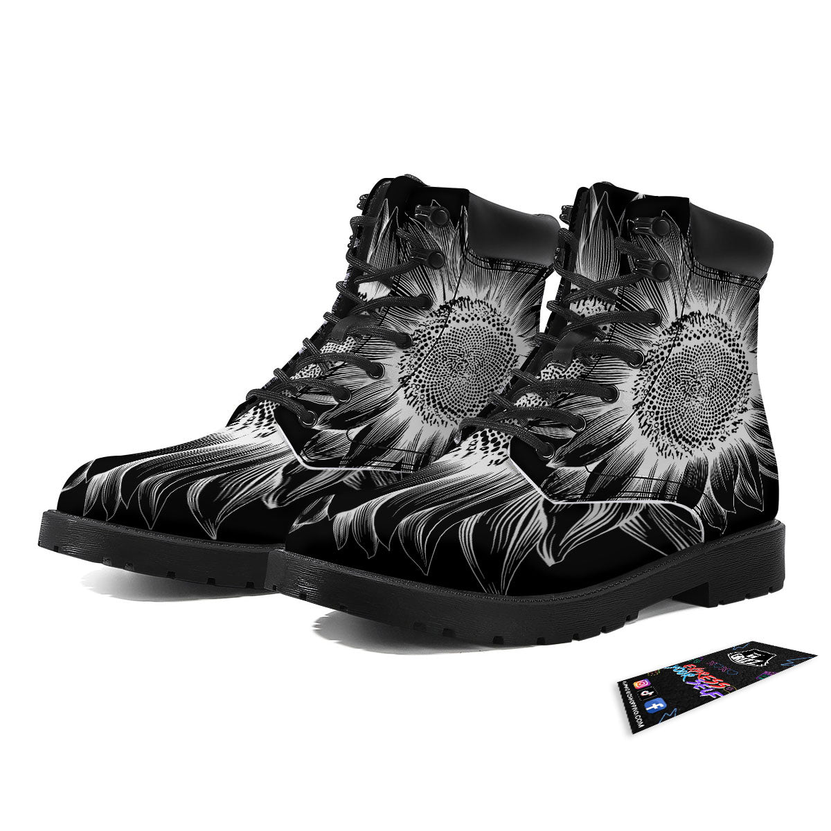 Vintage Sunflower White And Black Print Boots-grizzshop