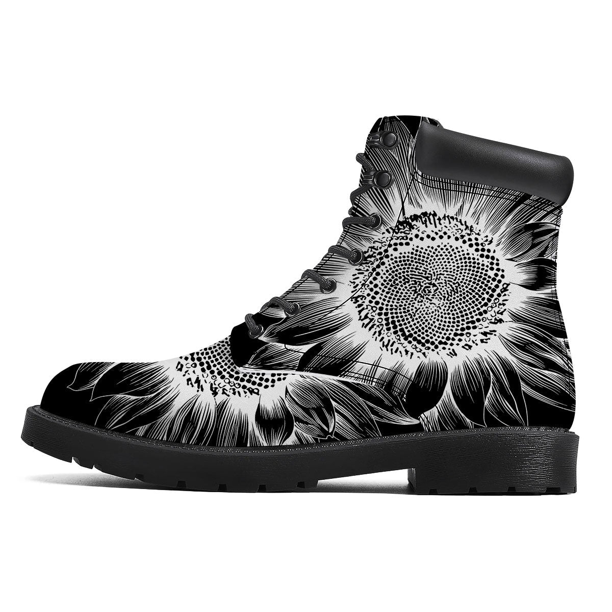 Vintage Sunflower White And Black Print Boots-grizzshop