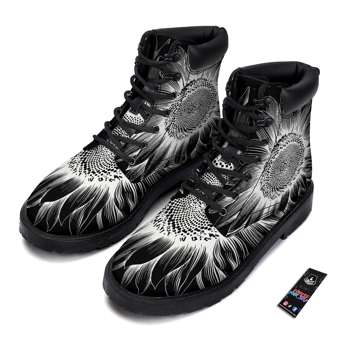 Vintage Sunflower White And Black Print Boots-grizzshop