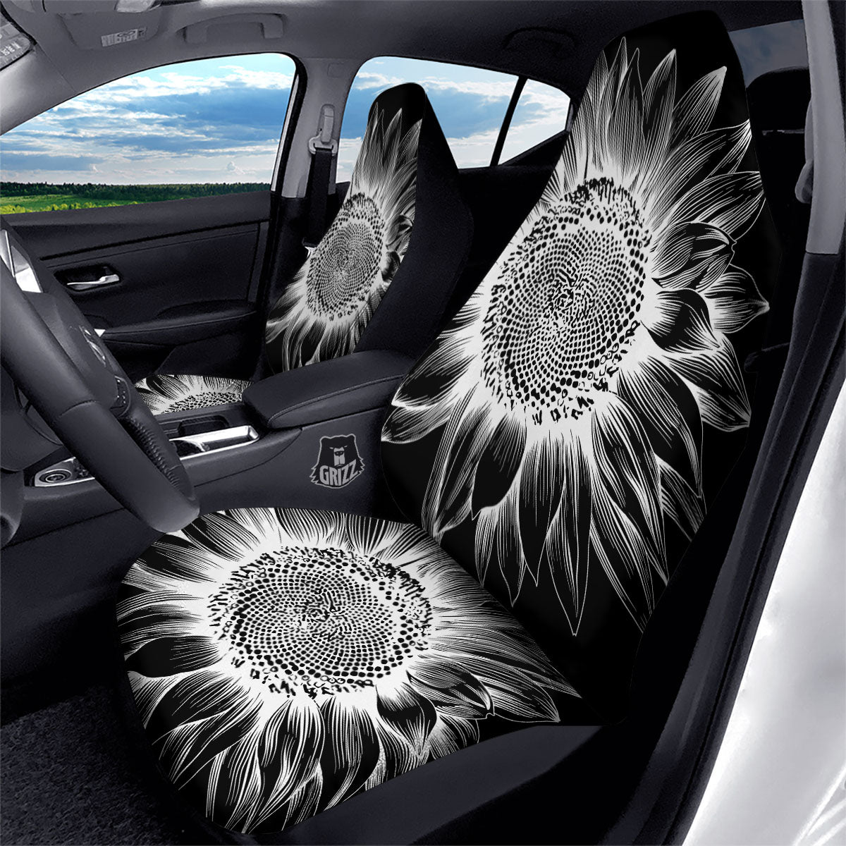 Vintage Sunflower White And Black Print Car Seat Covers-grizzshop