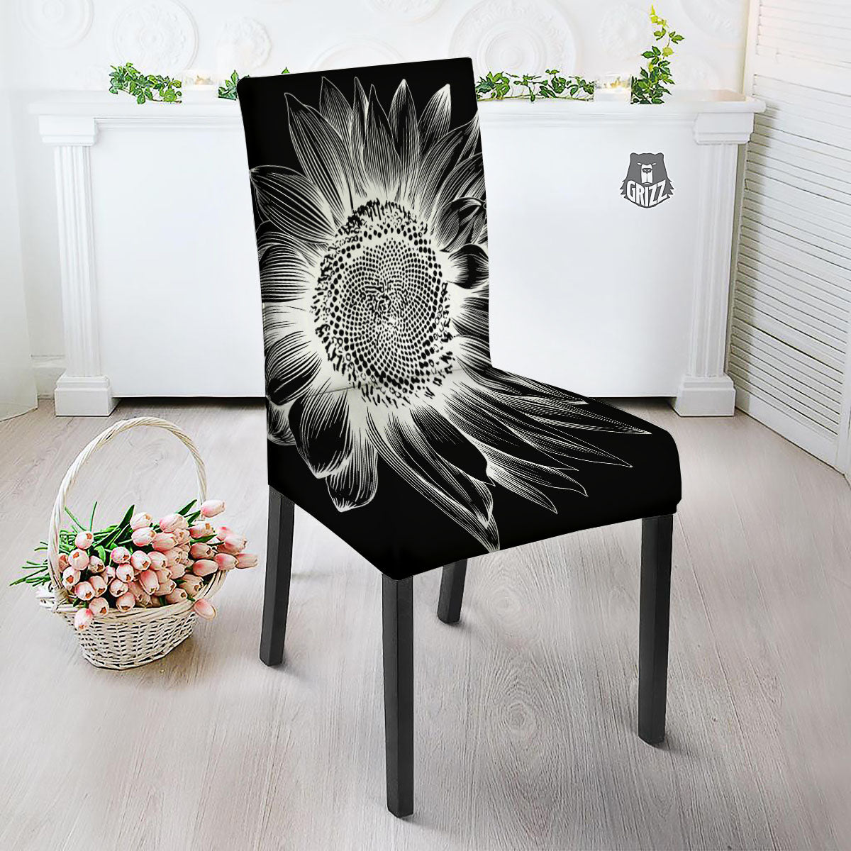 Vintage Sunflower White And Black Print Dining Chair Slipcover-grizzshop