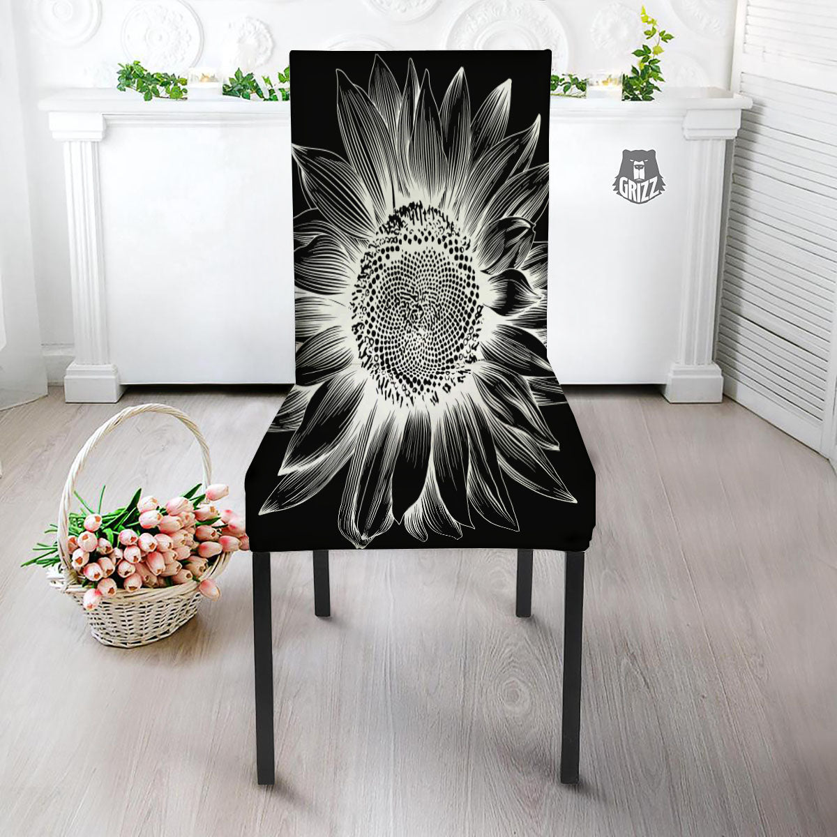 Vintage Sunflower White And Black Print Dining Chair Slipcover-grizzshop