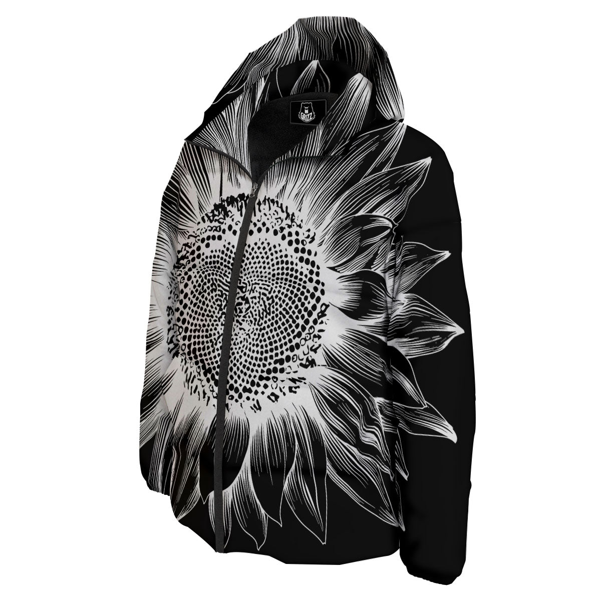 Vintage Sunflower White And Black Print Down Jacket-grizzshop