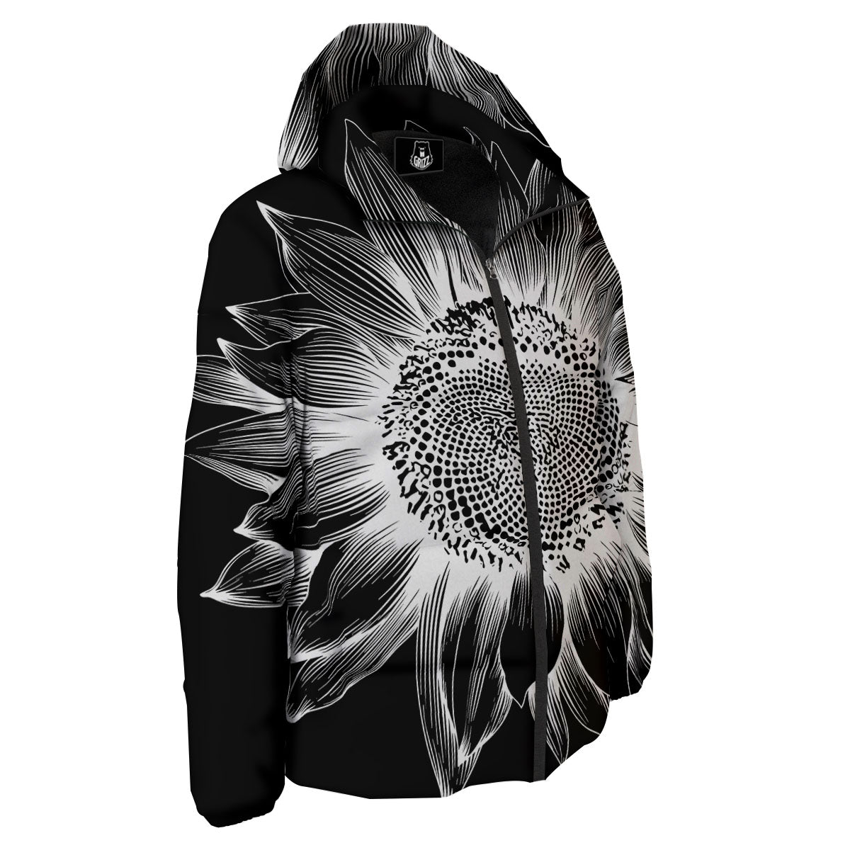 Vintage Sunflower White And Black Print Down Jacket-grizzshop