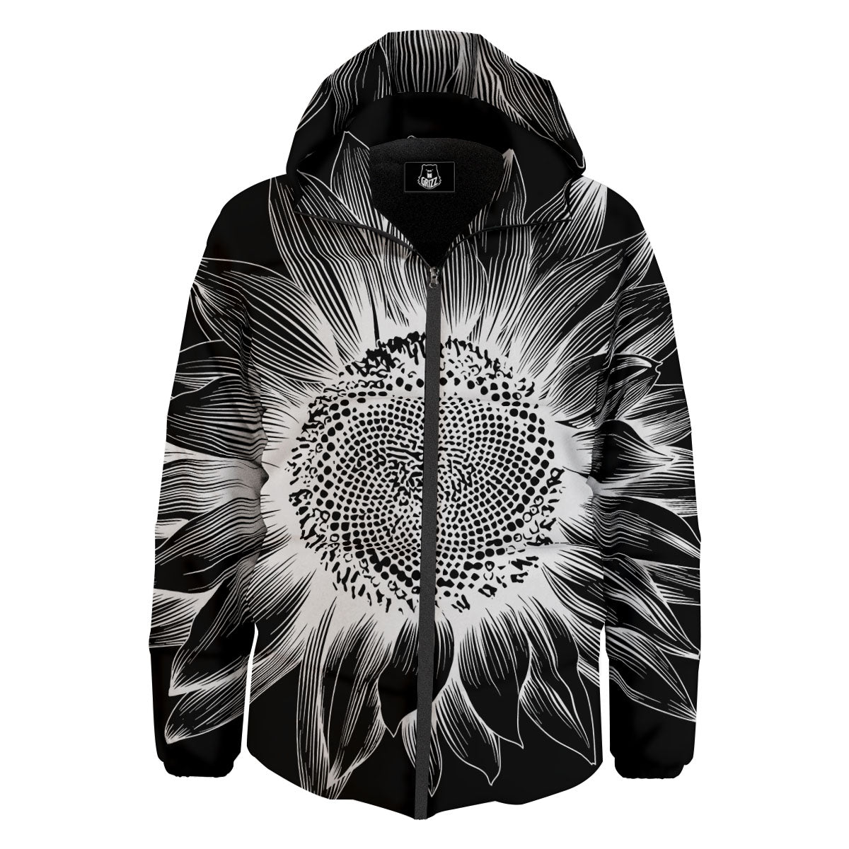 Vintage Sunflower White And Black Print Down Jacket-grizzshop