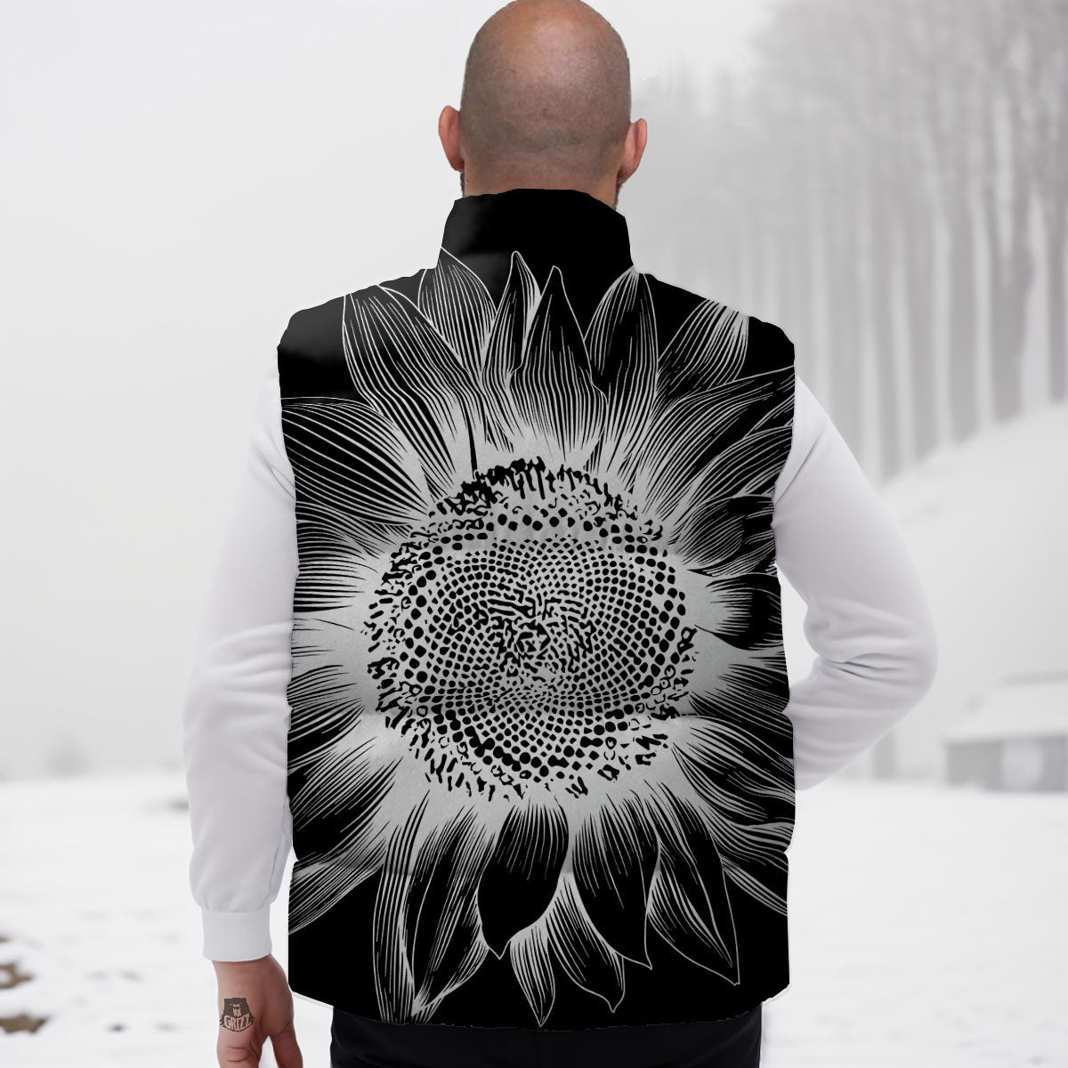 Vintage Sunflower White And Black Print Down Vest