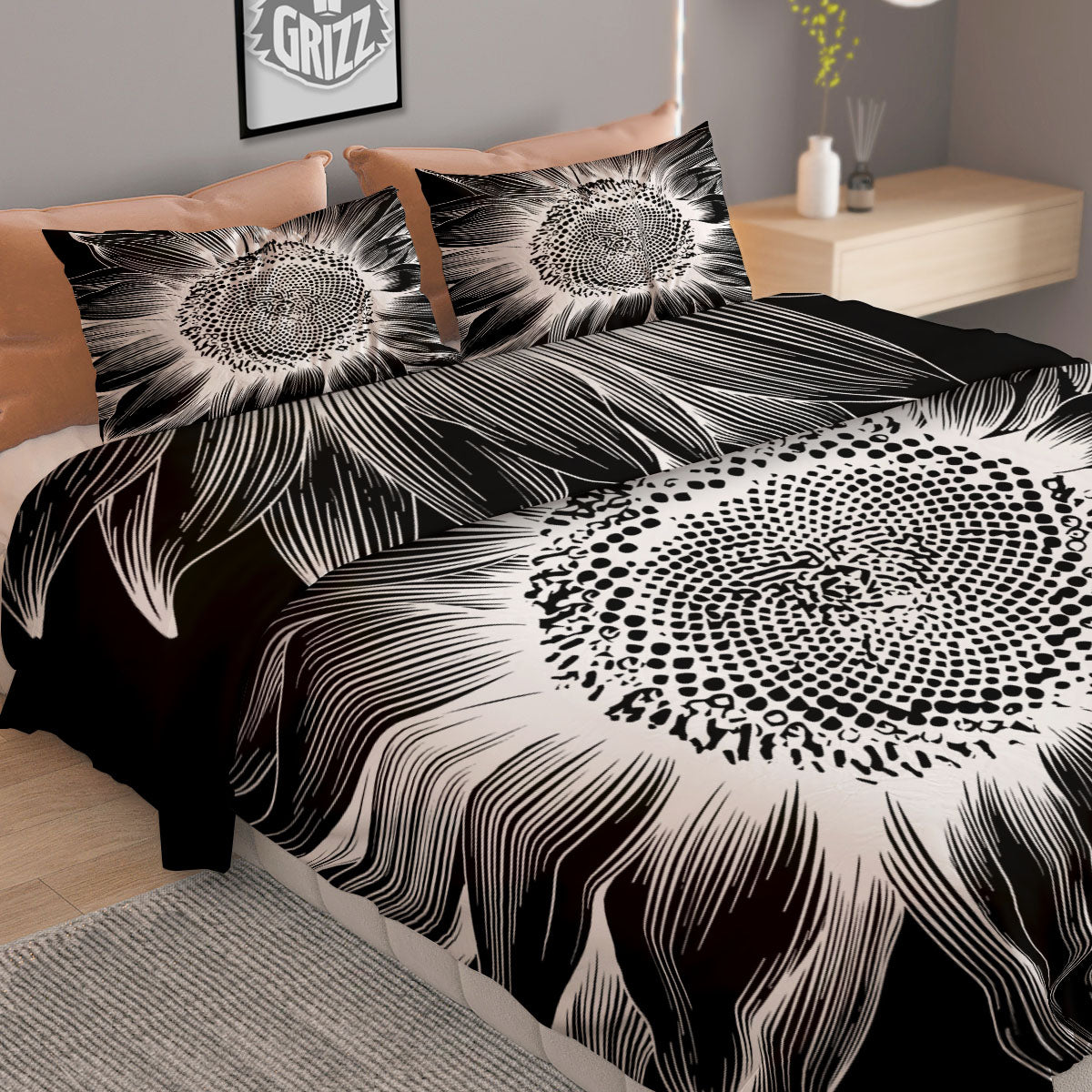 Vintage Sunflower White And Black Print Duvet Cover Bedding Set