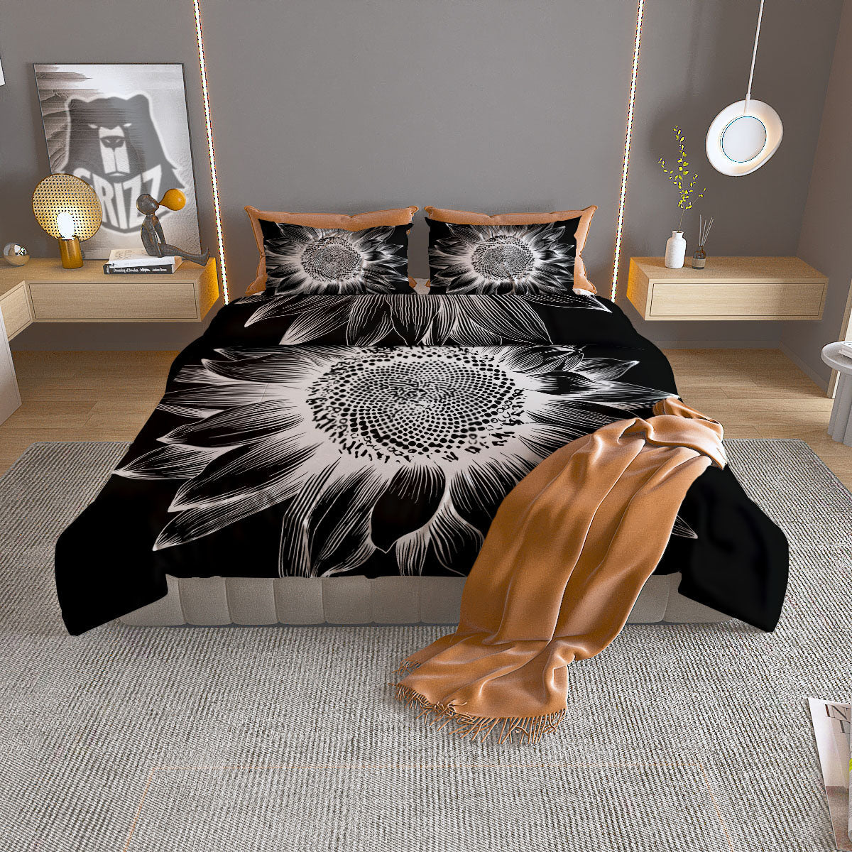 Vintage Sunflower White And Black Print Duvet Cover Bedding Set