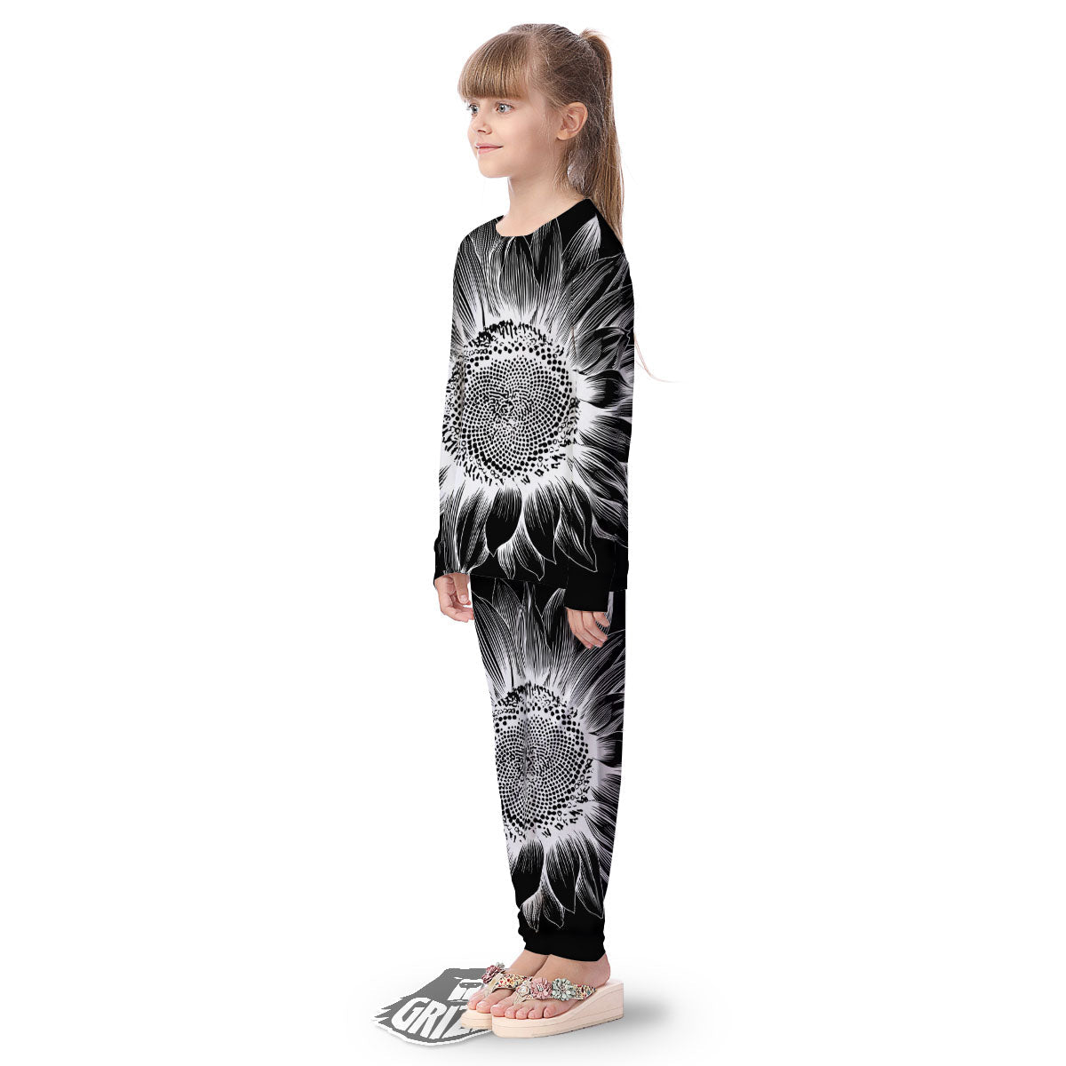Vintage Sunflower White And Black Print Kid's Pajamas-grizzshop
