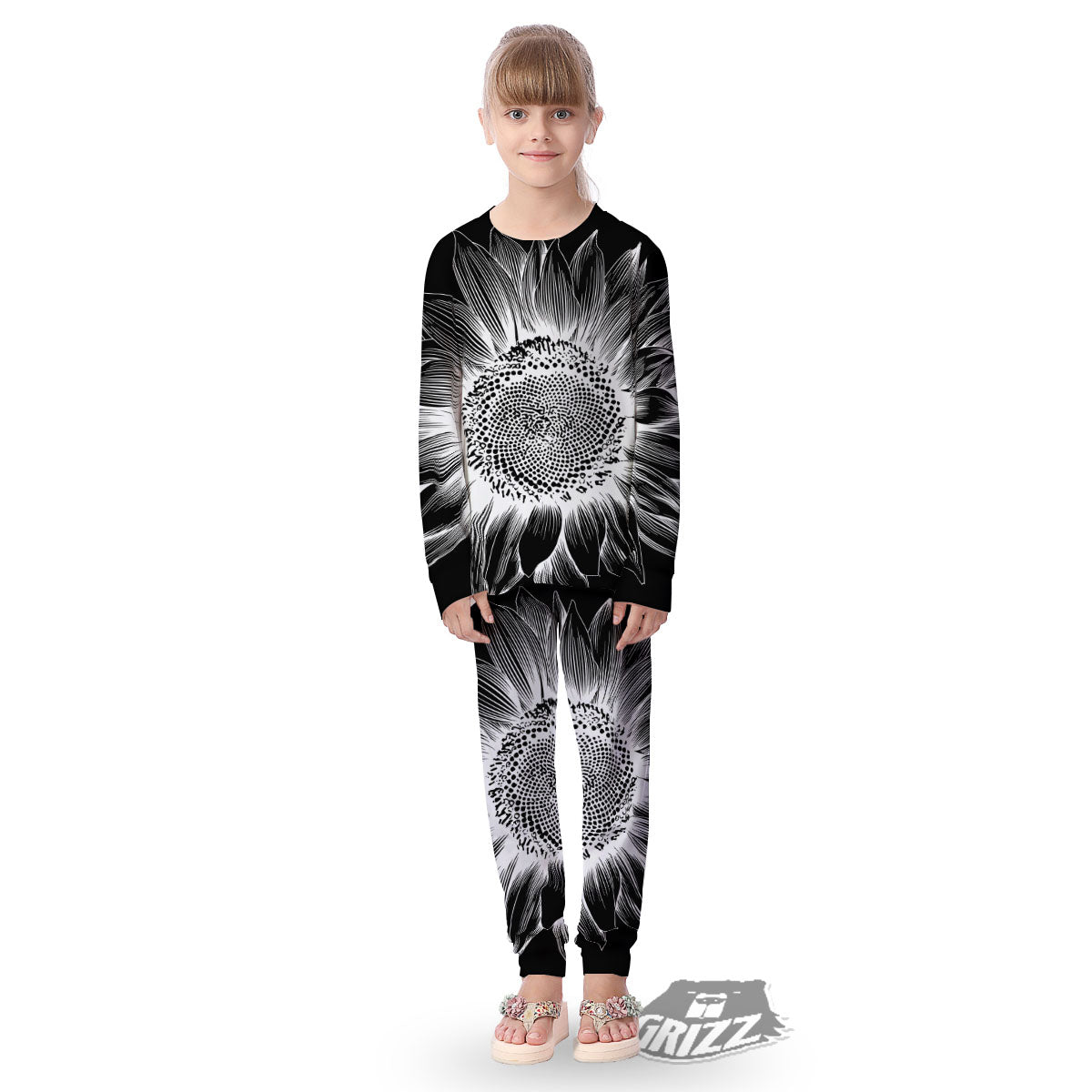 Vintage Sunflower White And Black Print Kid's Pajamas-grizzshop