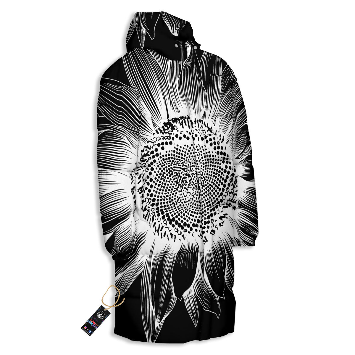 Vintage Sunflower White And Black Print Long Down Jacket-grizzshop