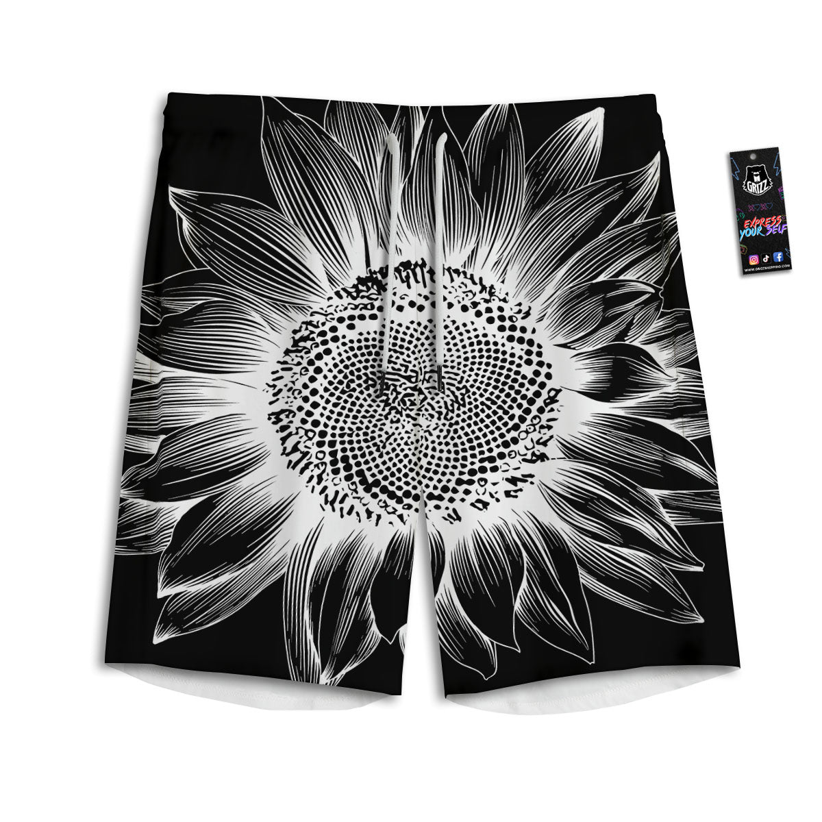 Vintage Sunflower White And Black Print Men's Athletic Shorts