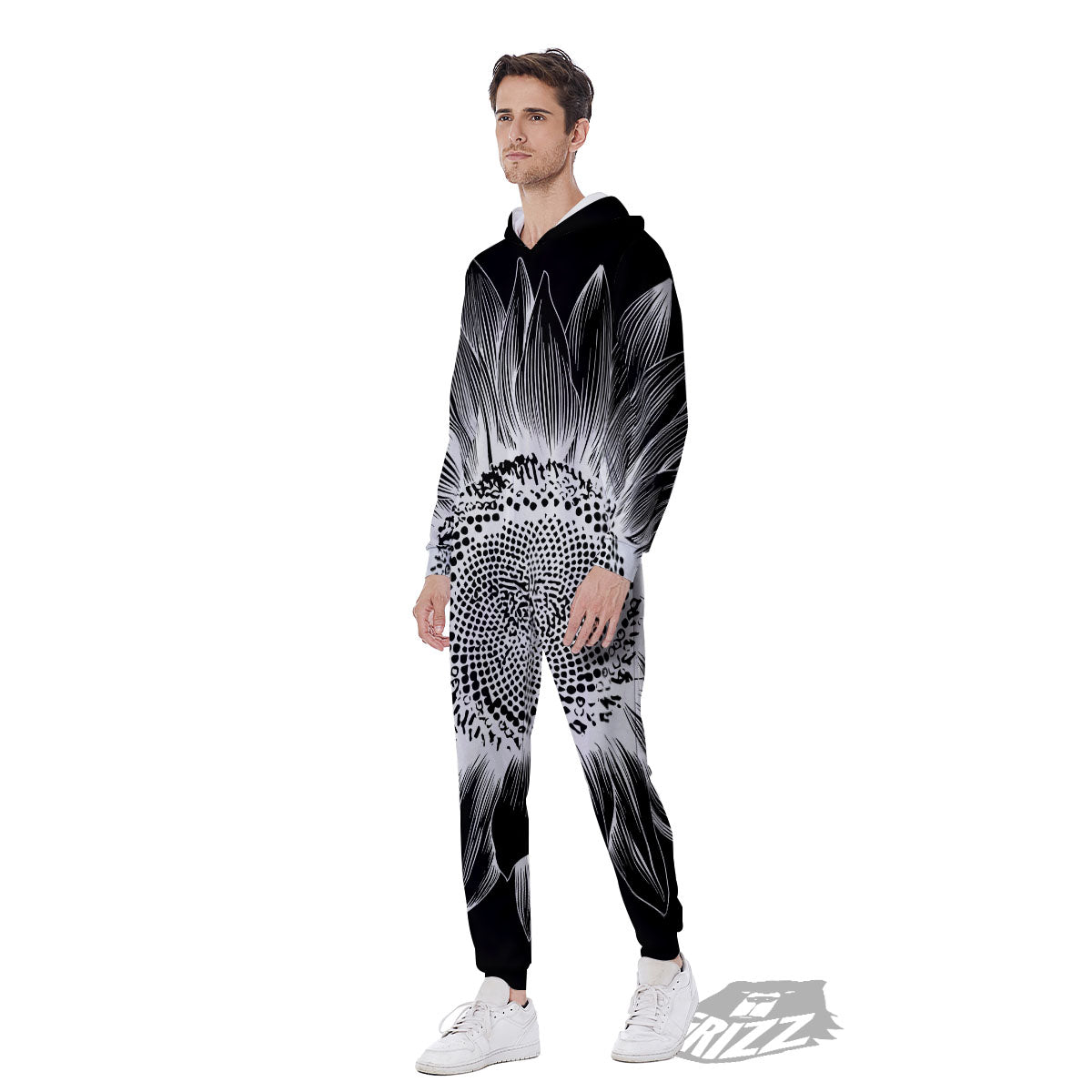 Vintage Sunflower White And Black Print Men's Jumpsuit-grizzshop