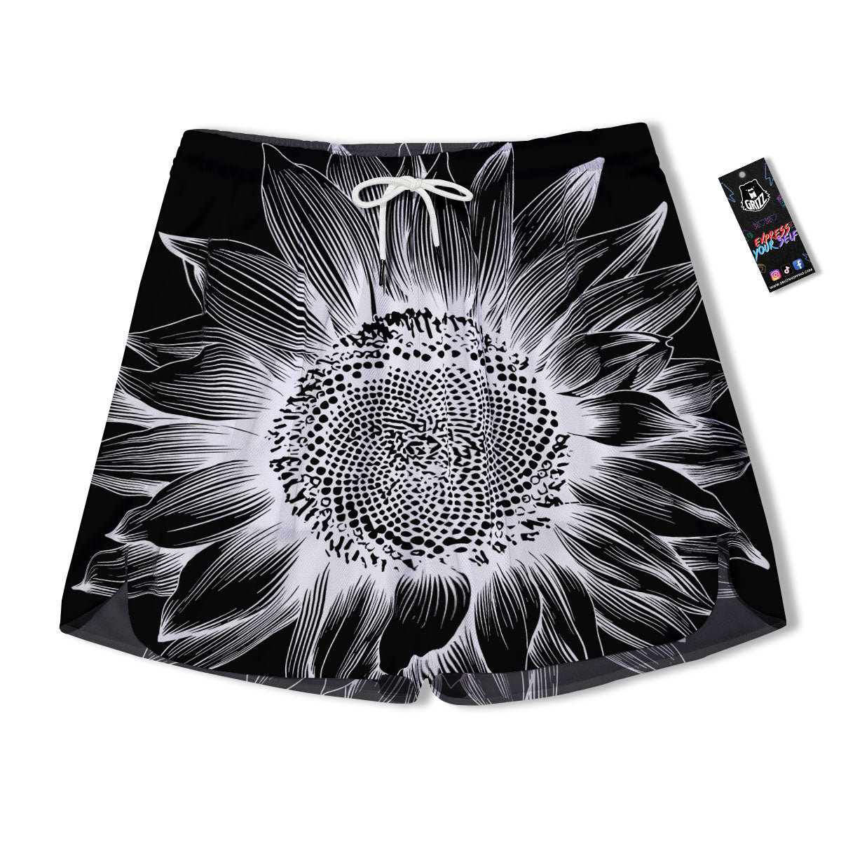 Vintage Sunflower White And Black Print Men's Running Shorts-grizzshop