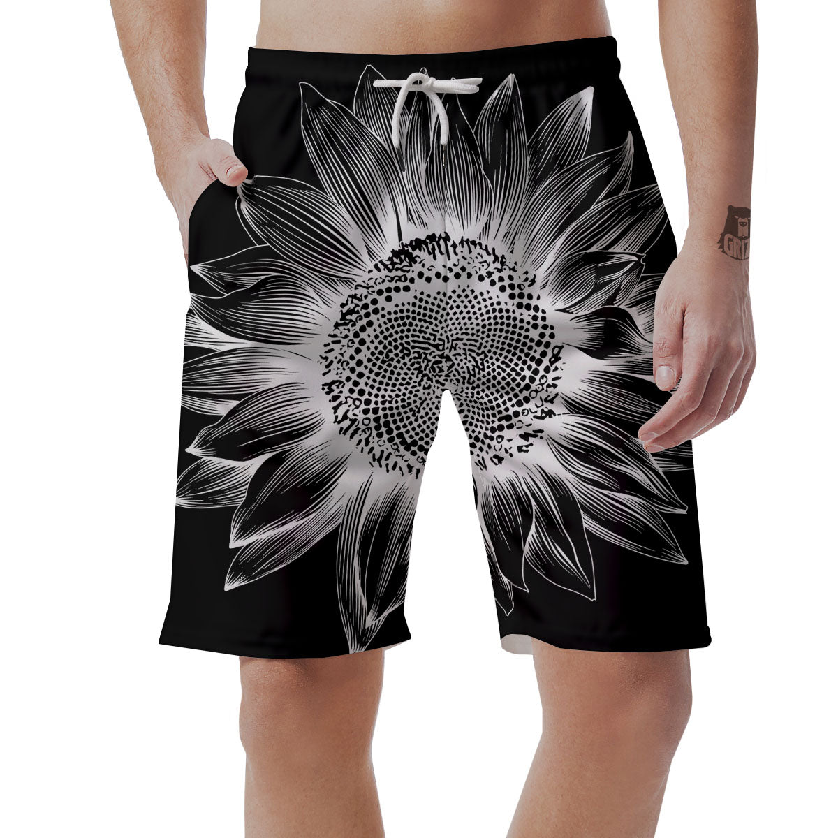 Vintage Sunflower White And Black Print Men's Shorts-grizzshop