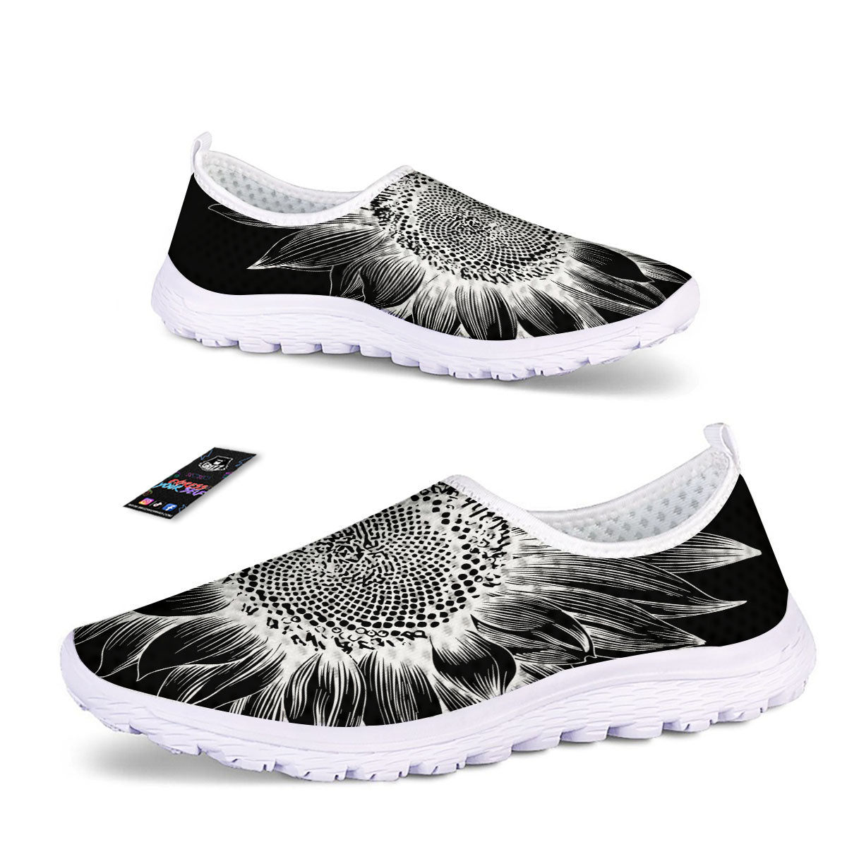 Vintage Sunflower White And Black Print Nurse Shoes-grizzshop
