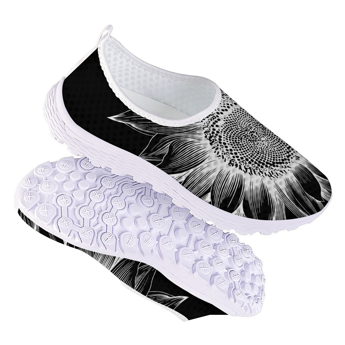 Vintage Sunflower White And Black Print Nurse Shoes-grizzshop