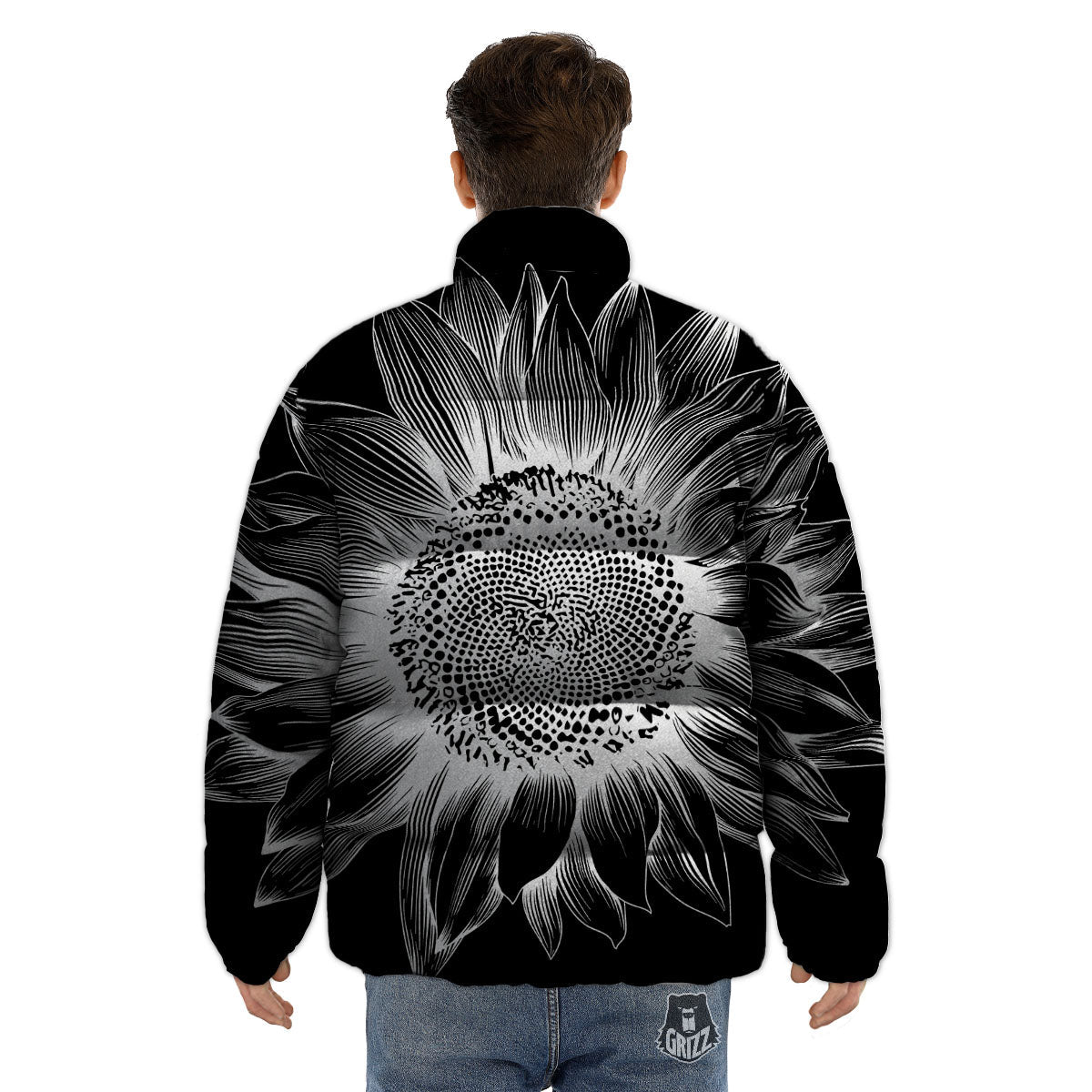Vintage Sunflower White And Black Print Puffer Jacket-grizzshop