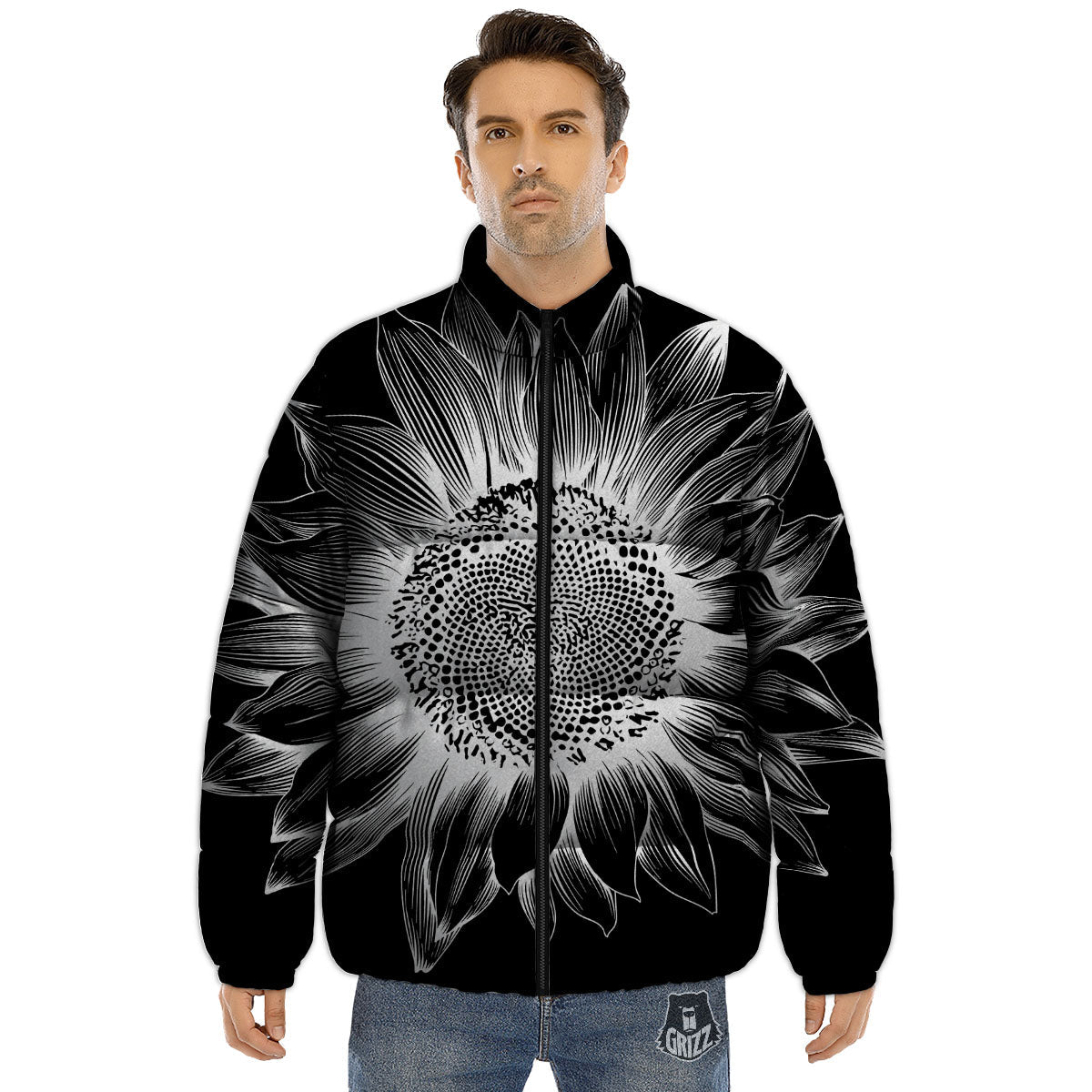 Vintage Sunflower White And Black Print Puffer Jacket-grizzshop