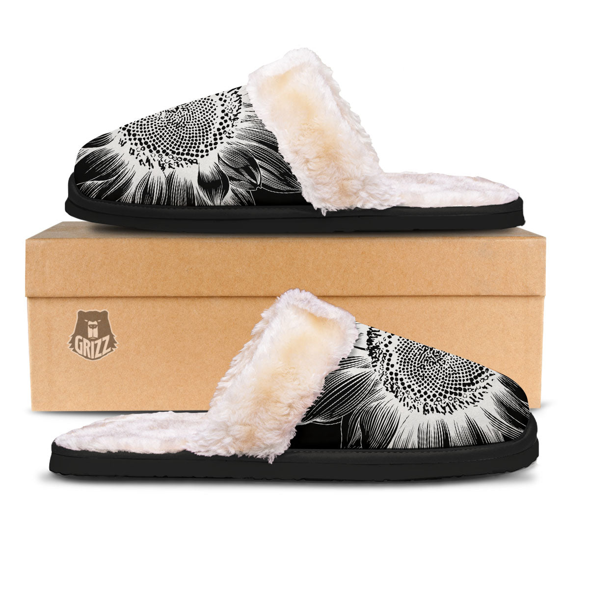 Vintage Sunflower White And Black Print Slippers-grizzshop