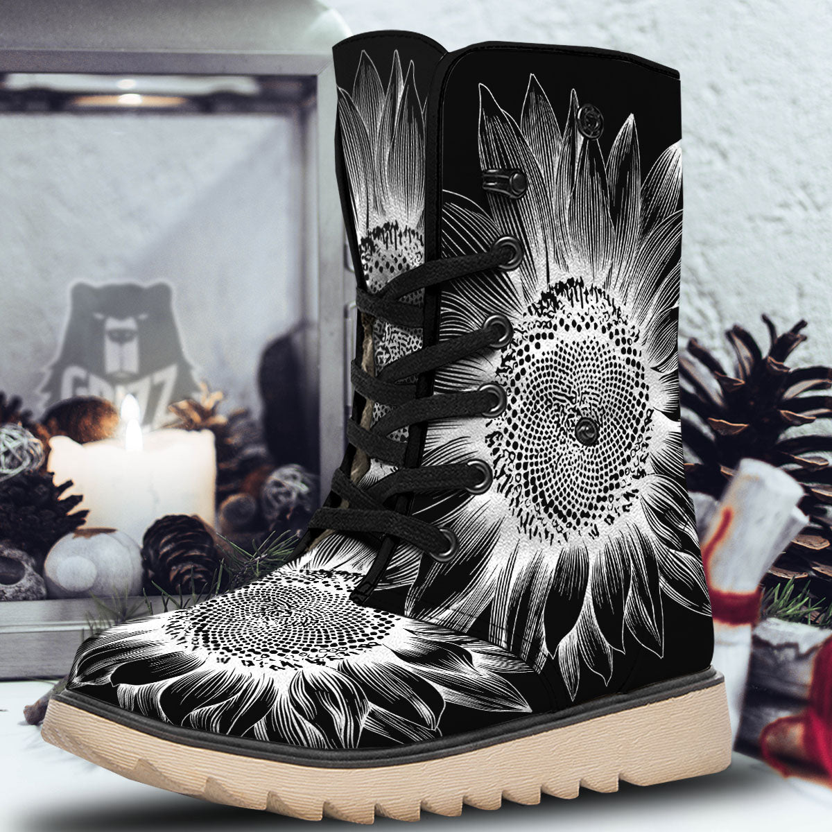 Vintage Sunflower White And Black Print Snow Boots-grizzshop