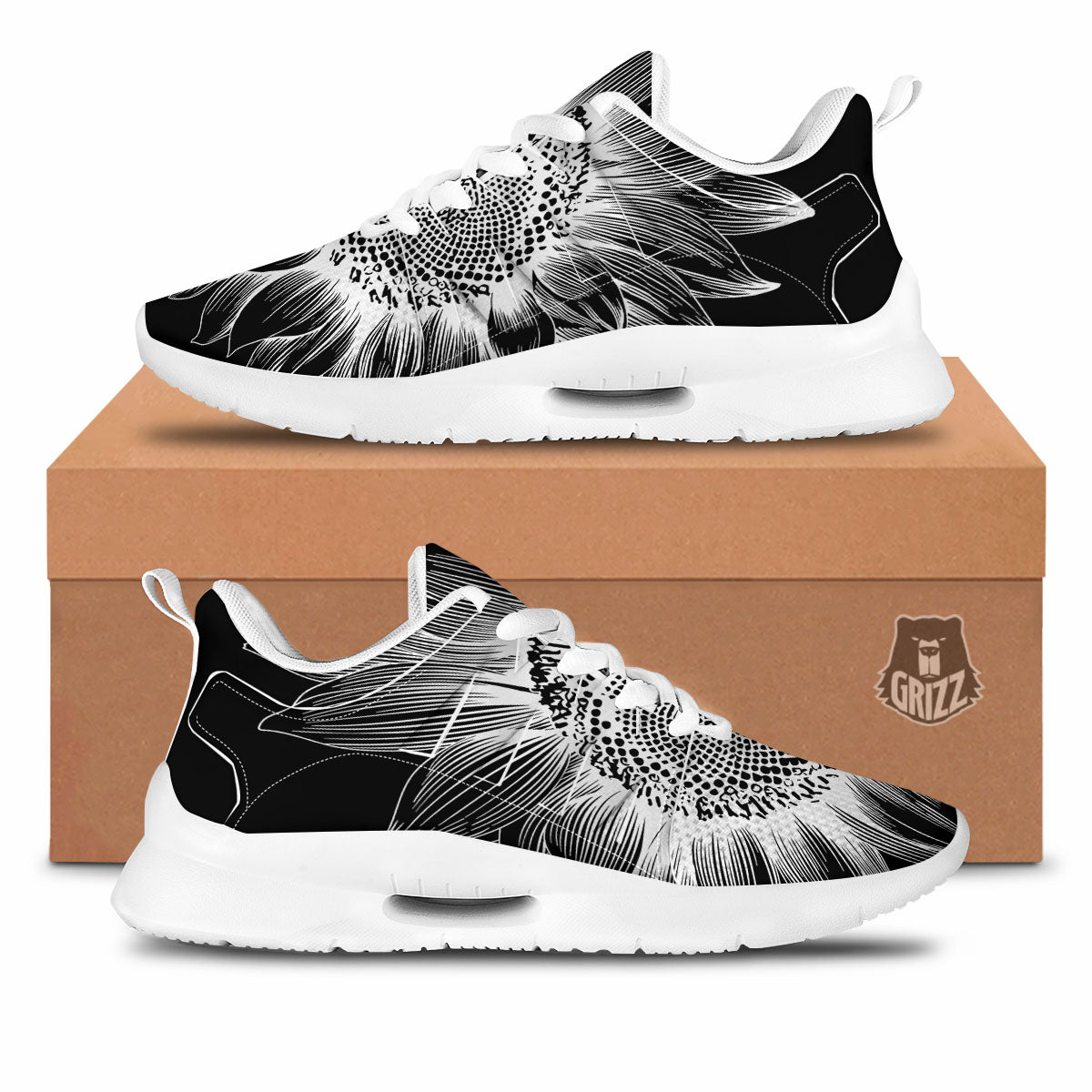 Vintage Sunflower White And Black Print Tennis Shoes-grizzshop