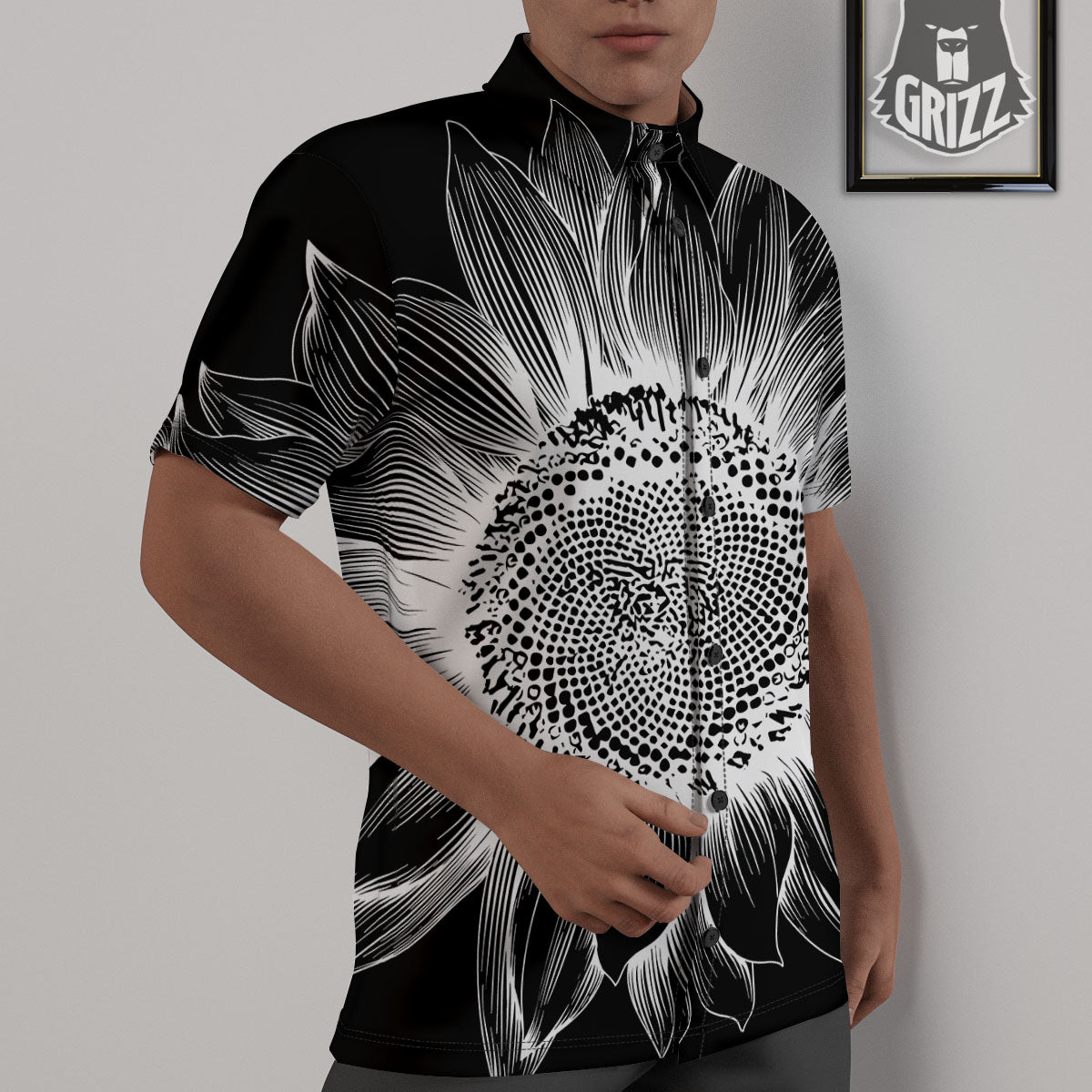 Vintage Sunflower White And Black Print Untucked Shirts-grizzshop