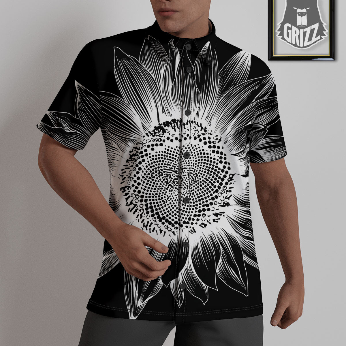 Vintage Sunflower White And Black Print Untucked Shirts-grizzshop