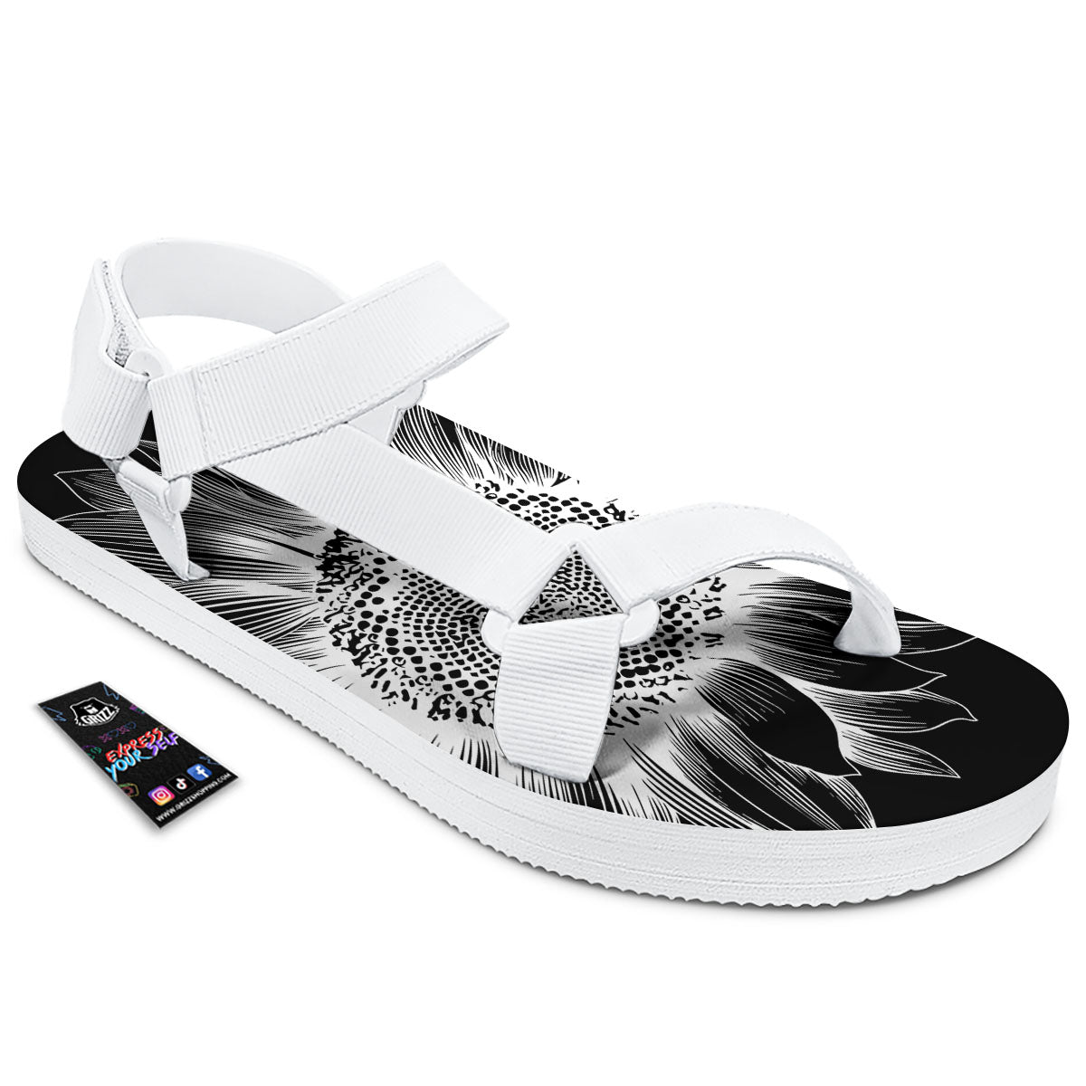 Vintage Sunflower White And Black Print White Open Toe Sandals-grizzshop