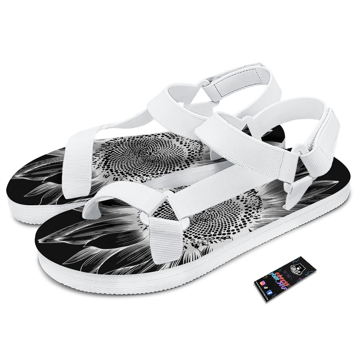 Vintage Sunflower White And Black Print White Open Toe Sandals-grizzshop