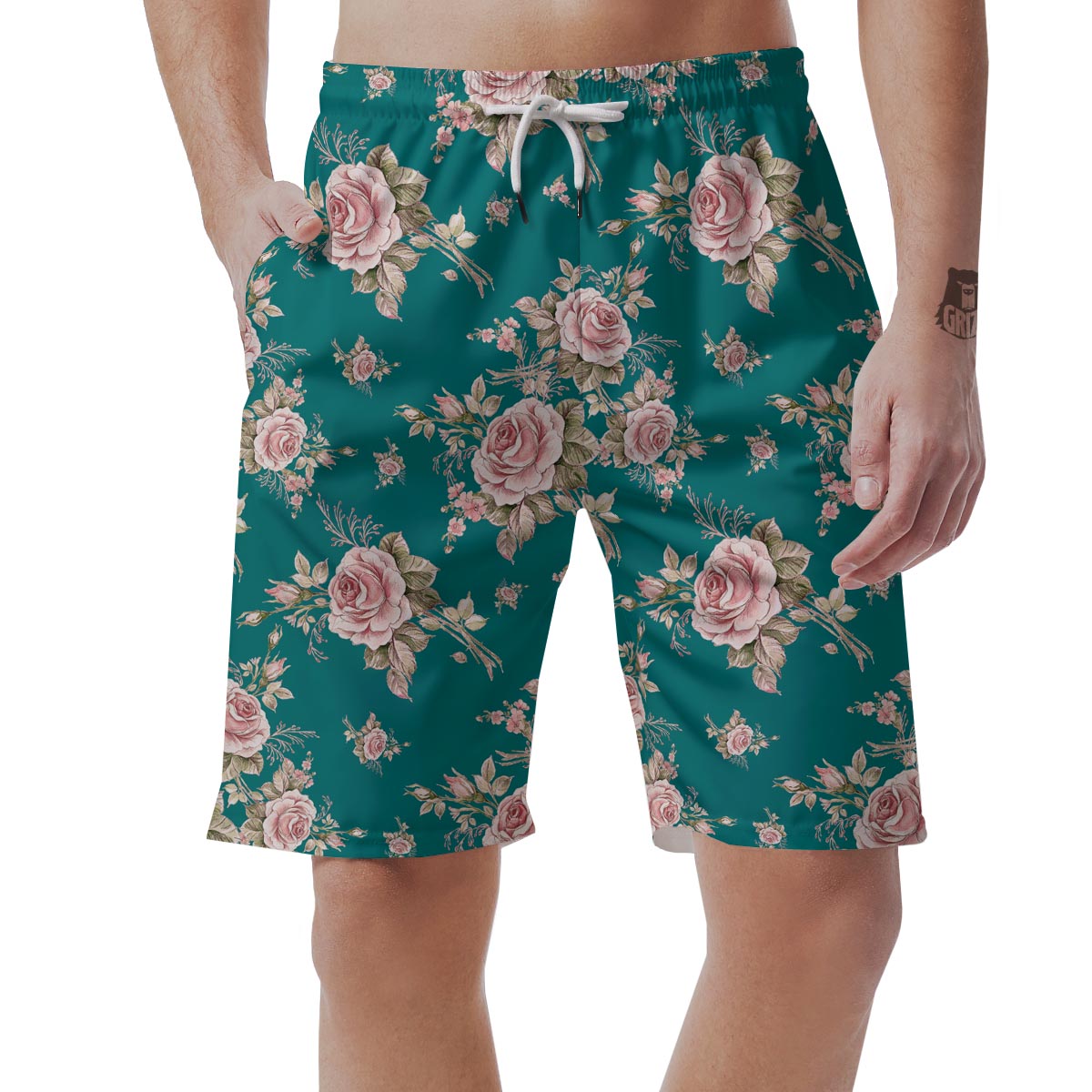 Vintage Watercolor Pink Rose Flower Print Men's Shorts-grizzshop