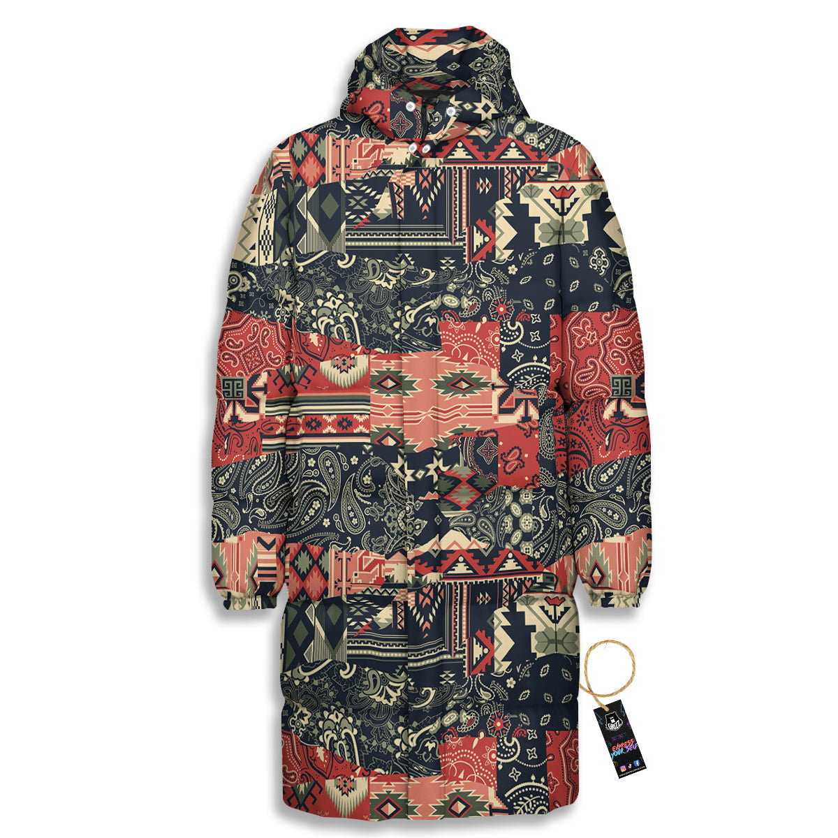Vintage Color Bandana Patchwork Abstract Print Pattern Long Down Jacket