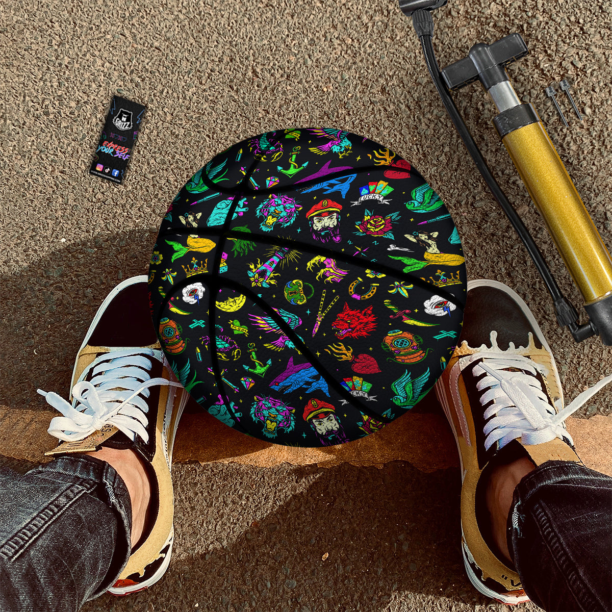 Vintage Colorful Tattoo Print Pattern Basketball