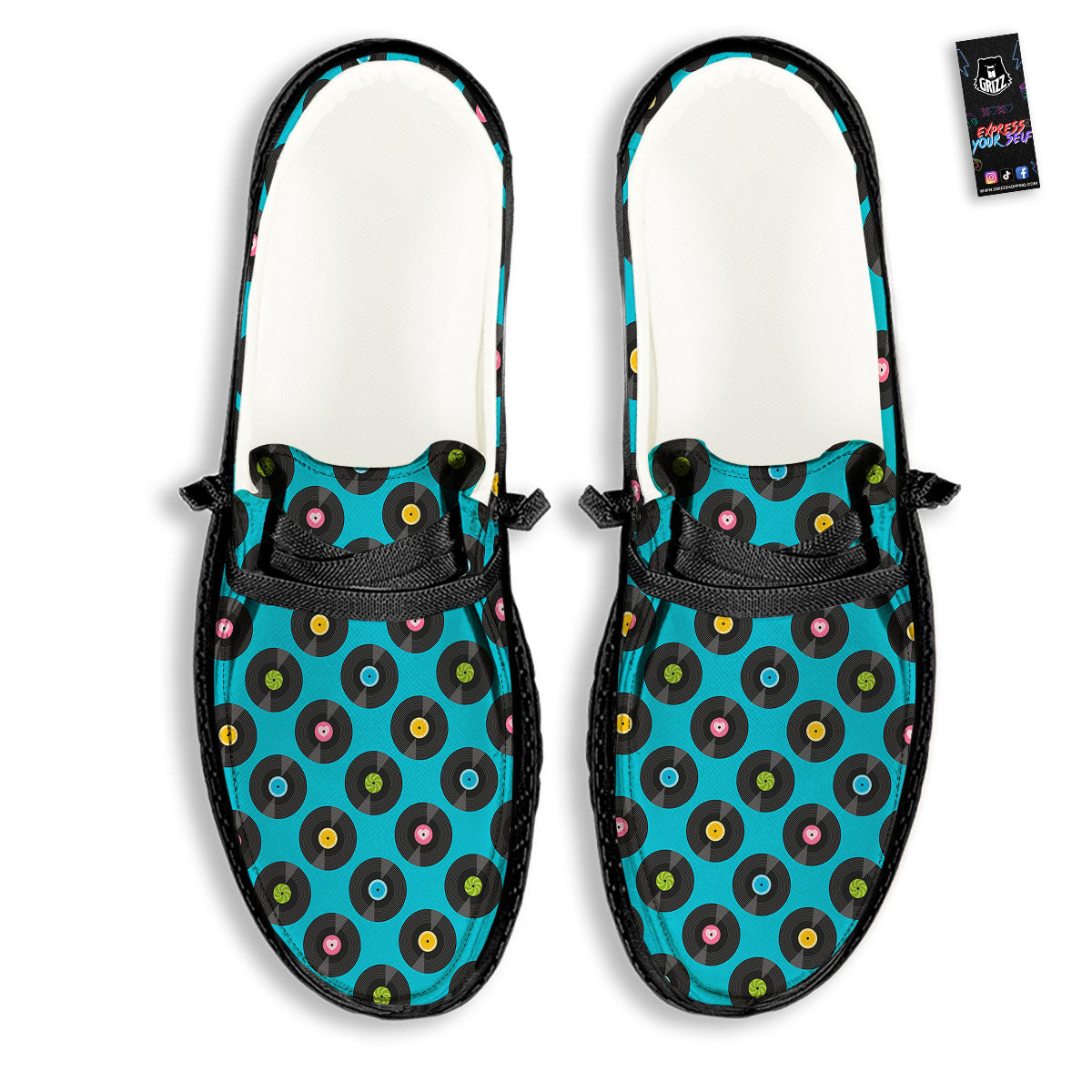 Vinyl Record Blue Print Pattern Black Loafers-grizzshop