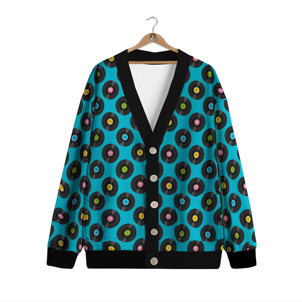 Vinyl Record Blue Print Pattern Cardigan-grizzshop