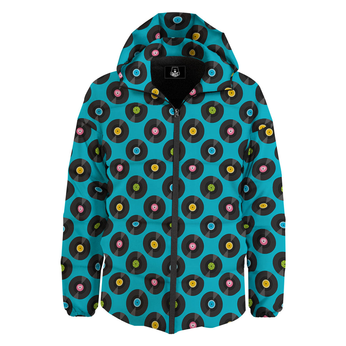 Vinyl Record Blue Print Pattern Down Jacket-grizzshop