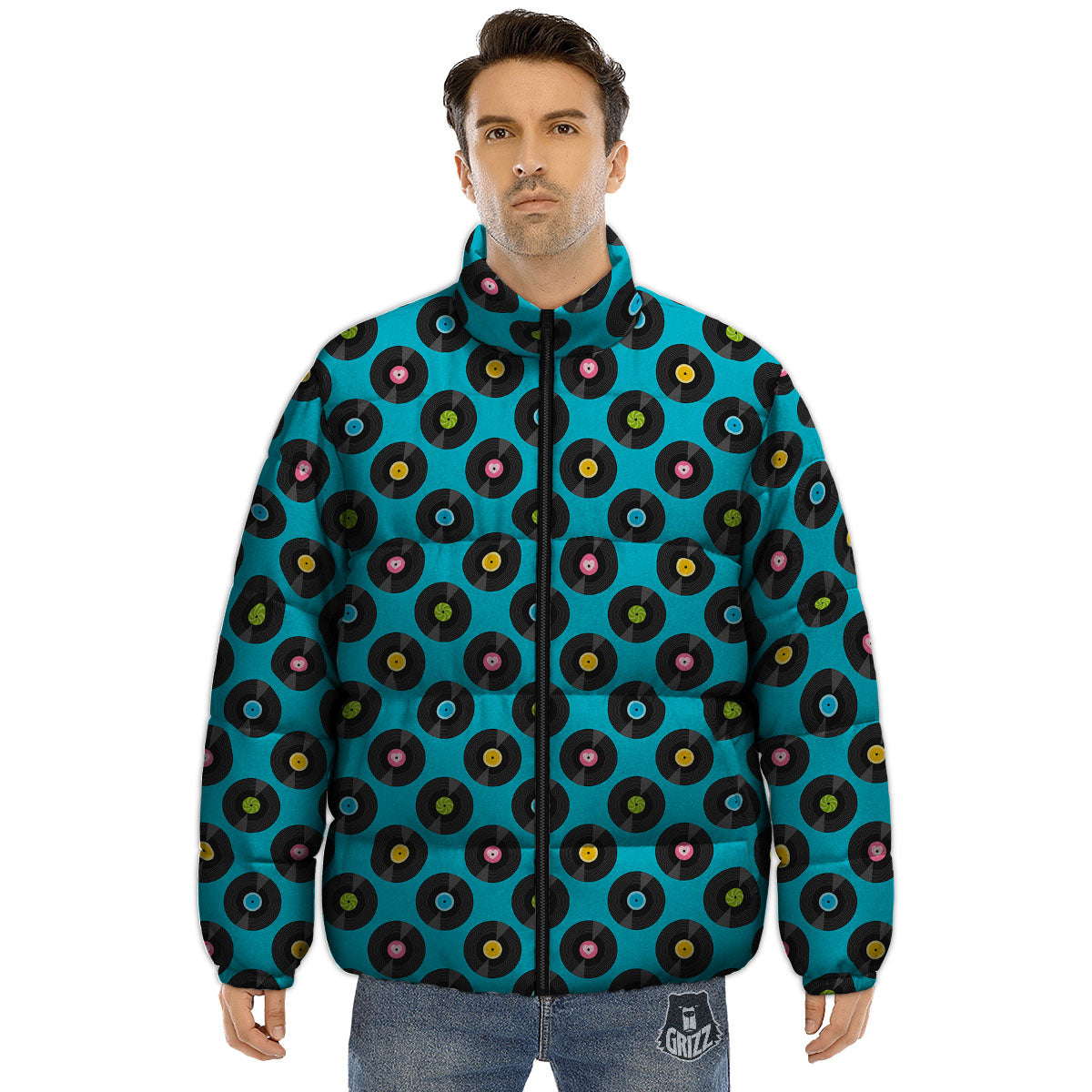 Vinyl Record Blue Print Pattern Puffer Jacket-grizzshop