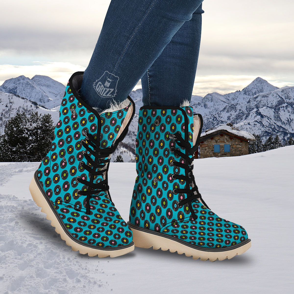 Vinyl Record Blue Print Pattern Snow Boots-grizzshop