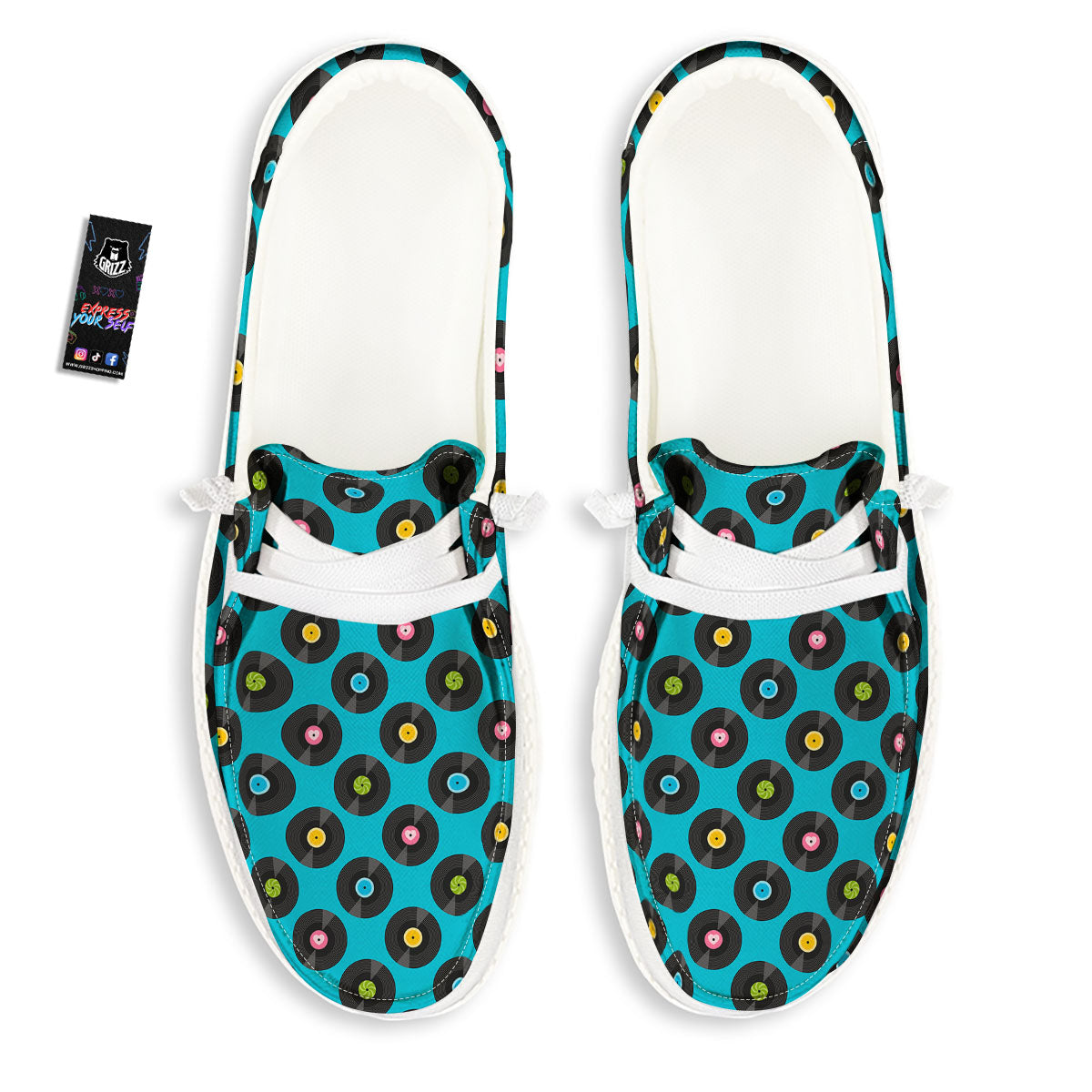 Vinyl Record Blue Print Pattern White Loafers-grizzshop