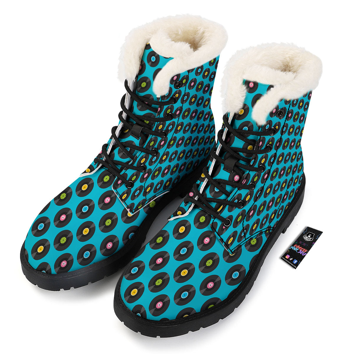 Vinyl Record Blue Print Pattern Winter Boots-grizzshop