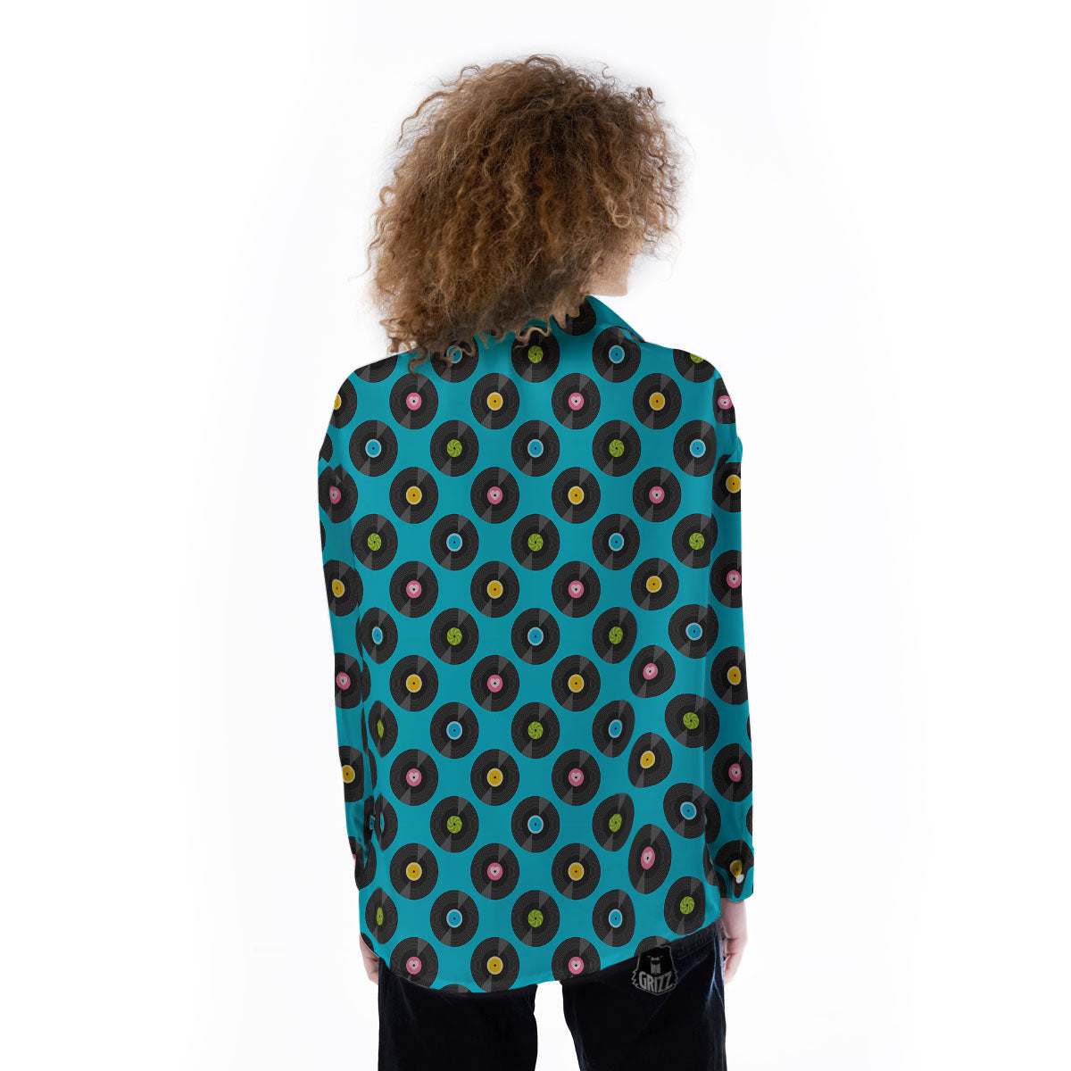 Vinyl Record Blue Print Pattern Women's Long Sleeve Shirts-grizzshop