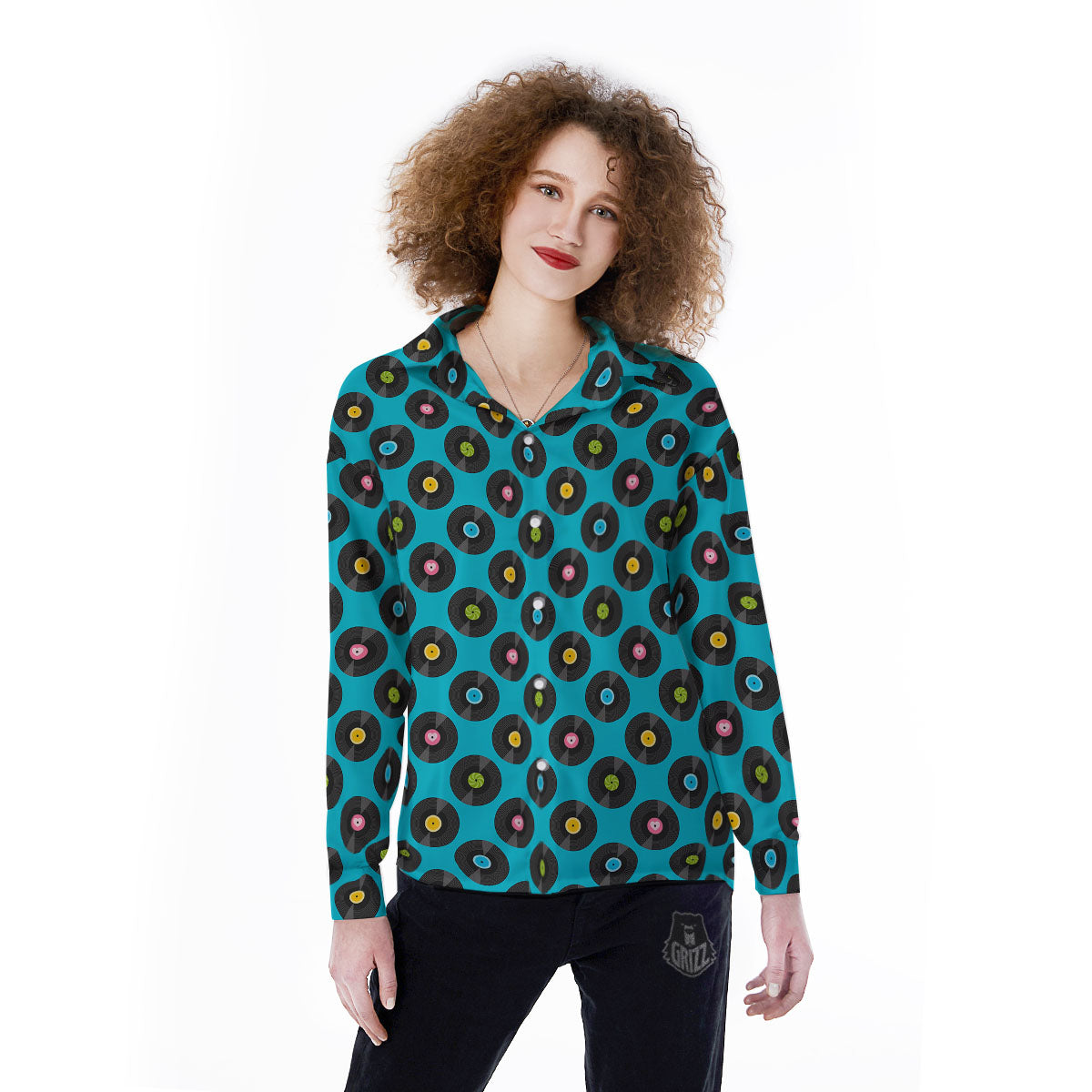 Vinyl Record Blue Print Pattern Women's Long Sleeve Shirts-grizzshop