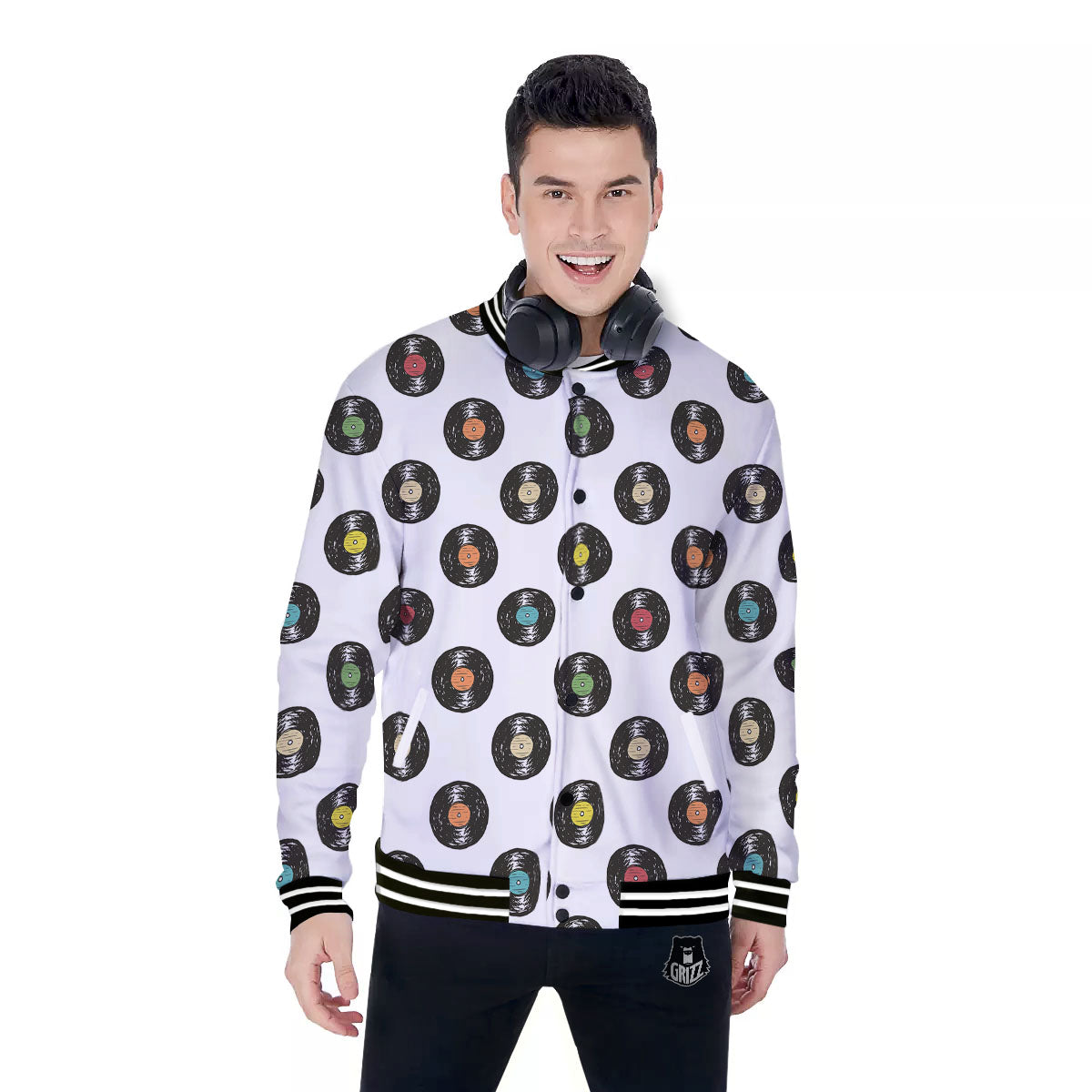 Vinyl Record Hand Drawn Print Pattern Baseball Jacket-grizzshop
