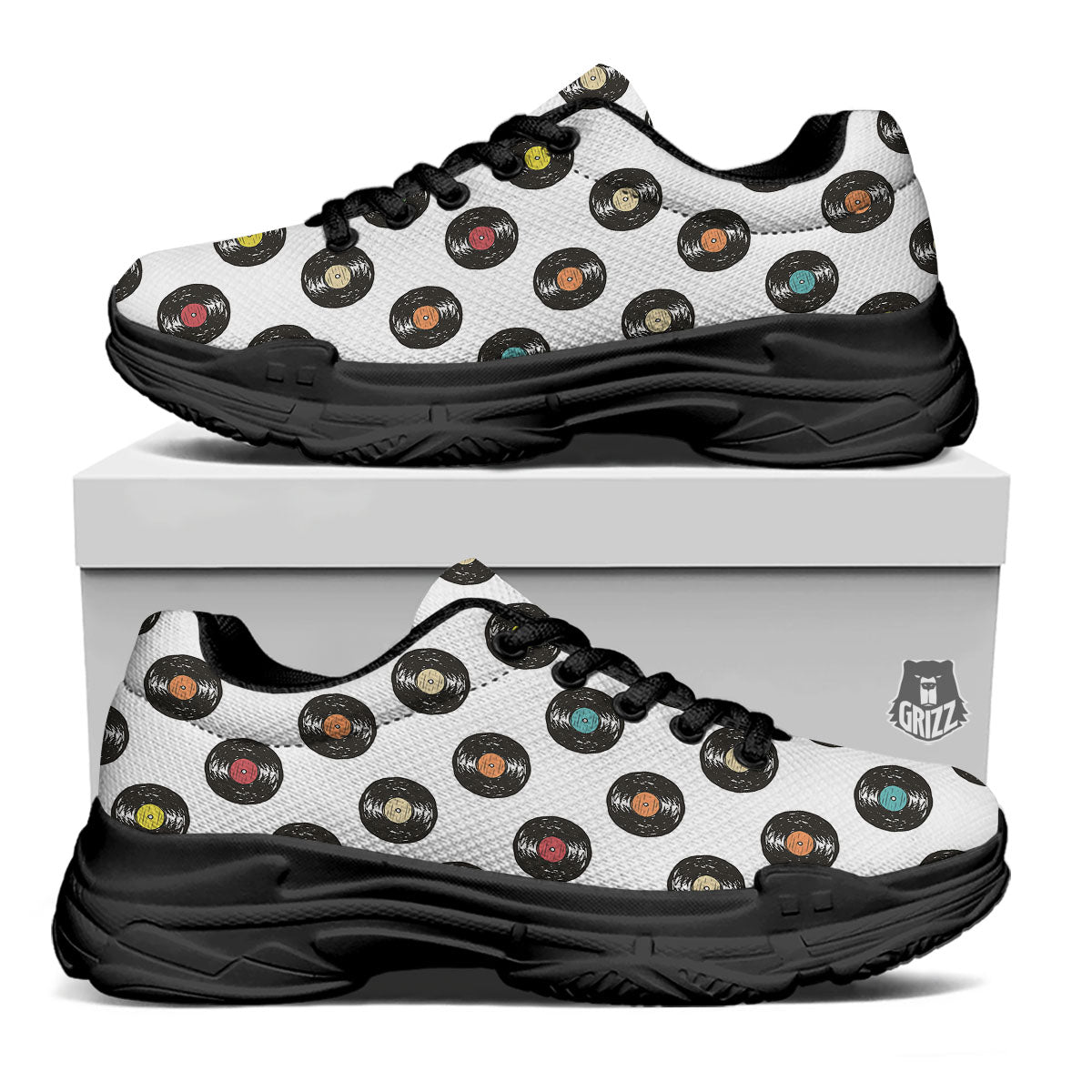 Vinyl Record Hand Drawn Print Pattern Black Chunky Shoes-grizzshop