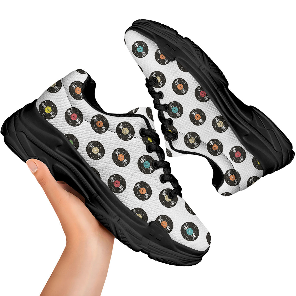 Vinyl Record Hand Drawn Print Pattern Black Chunky Shoes-grizzshop