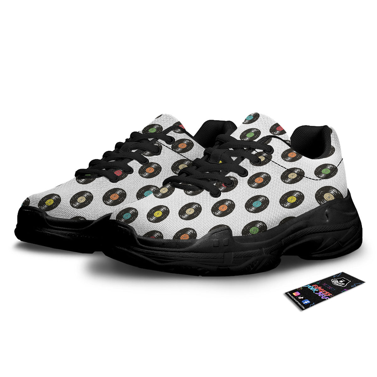 Vinyl Record Hand Drawn Print Pattern Black Chunky Shoes-grizzshop